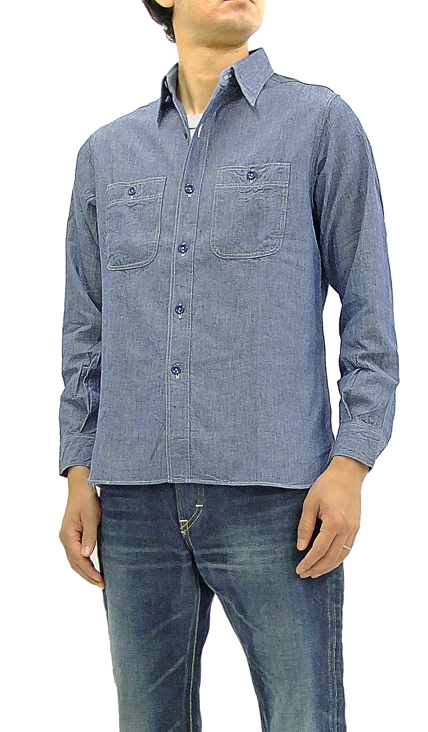 Buzz Rickson Chambray Shirt Men's U.S. Navy Military Style Plain Long Sleeve Button Up Shirt BR25995 Blue Chambray