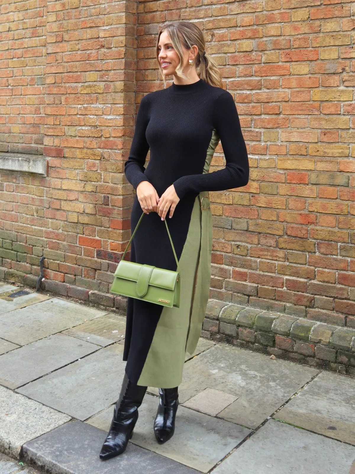 Caitlin Colourblock FIt & Flare Knitted Dress in Khaki and Black PreShrunk Material