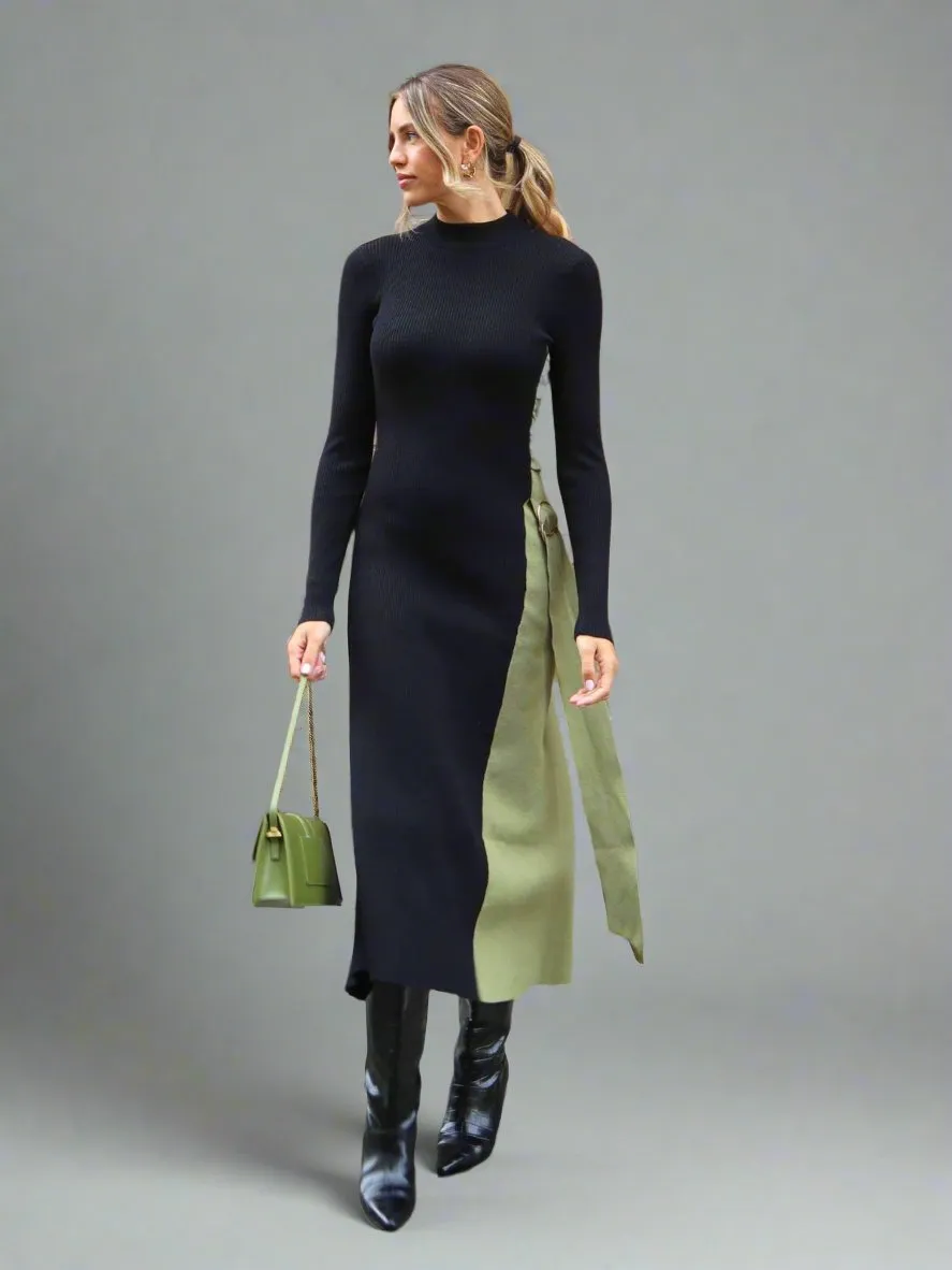 Caitlin Colourblock FIt & Flare Knitted Dress in Khaki and Black Lightweight Jersey Material Durable Blend