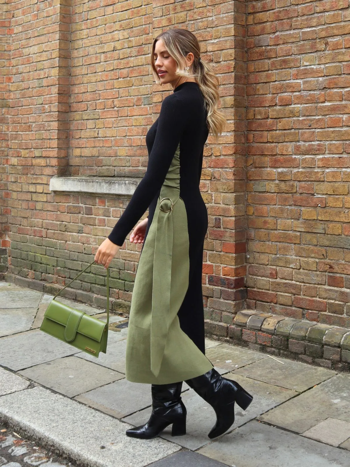 Urban Comforted Caitlin Colourblock FIt & Flare Knitted Dress in Khaki and Black