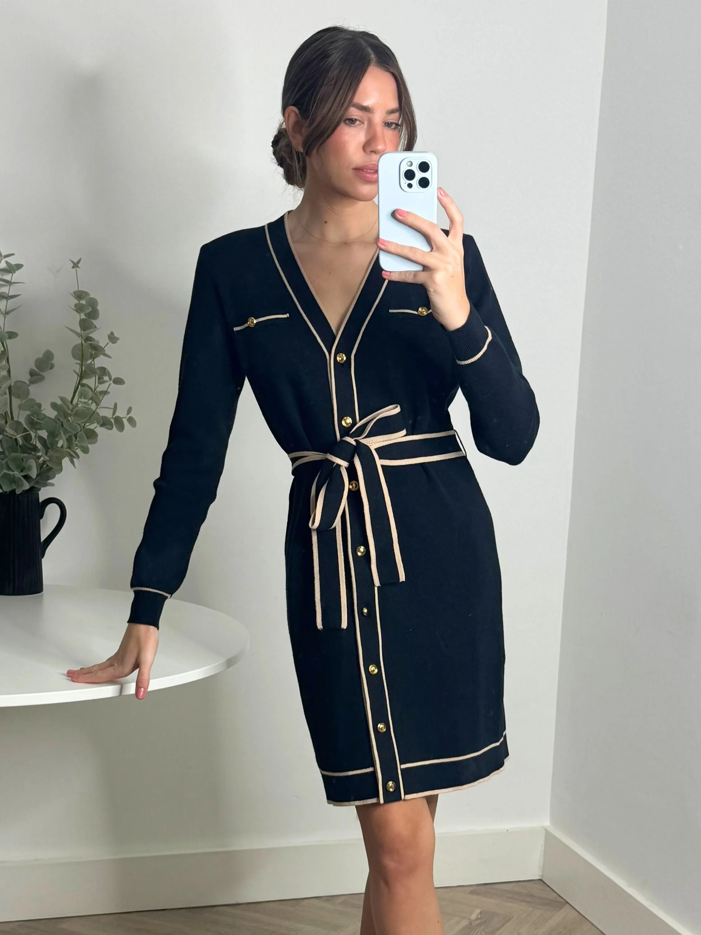 Calla Contrast Detail Knit Mini Dress in Black & Nude Chilly Days Grab And Go