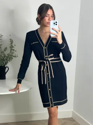 Essential Layer SheerWeight Knit Calla Contrast Detail Knit Mini Dress in Black & Nude