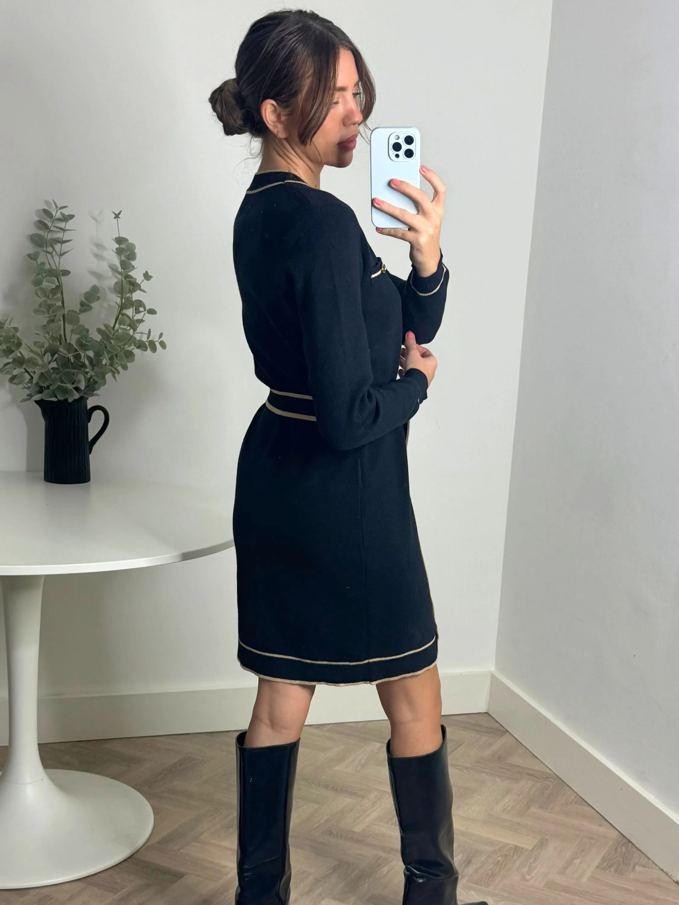 Versatile Layered ReverseCoil Zipper Calla Contrast Detail Knit Mini Dress in Black & Nude