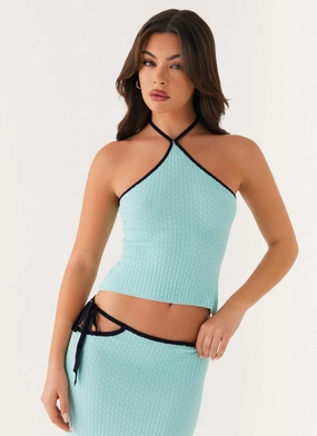 Cameron Crochet Halter Top - Pale Blue Office Wear Ergonomic Armhole Cut