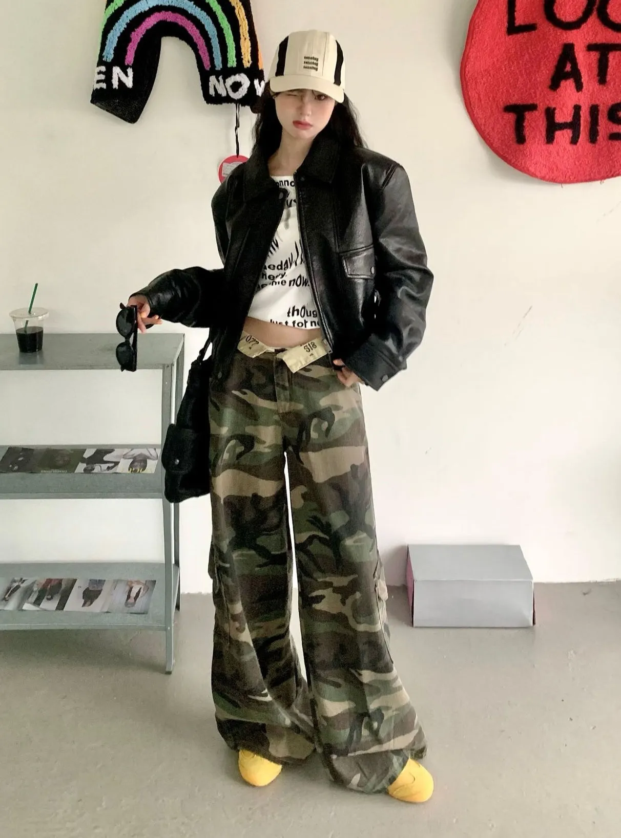 Camouflage Flanging Low Waist Straight Pants