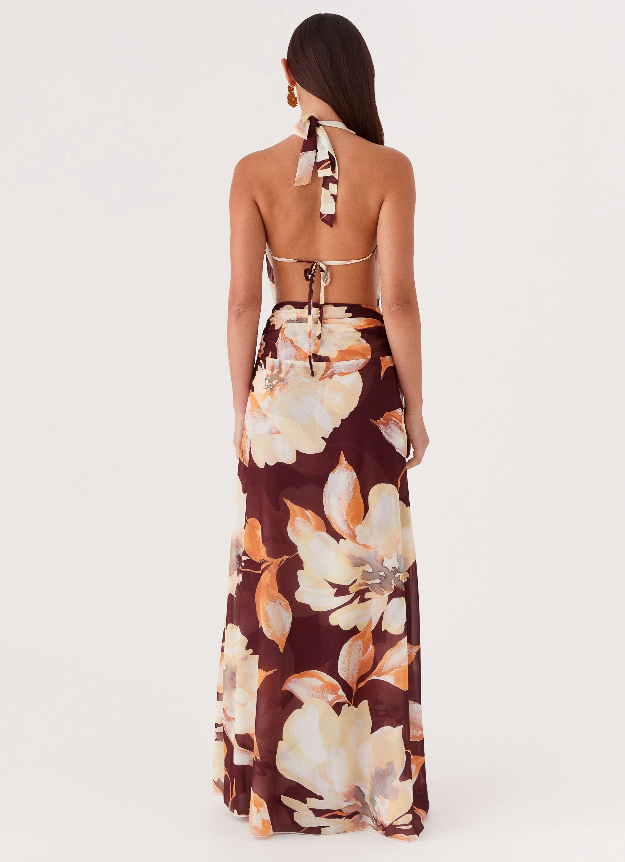 Elysia Chiffon Maxi Dress - Brown Floral Street Flex Skin Touch