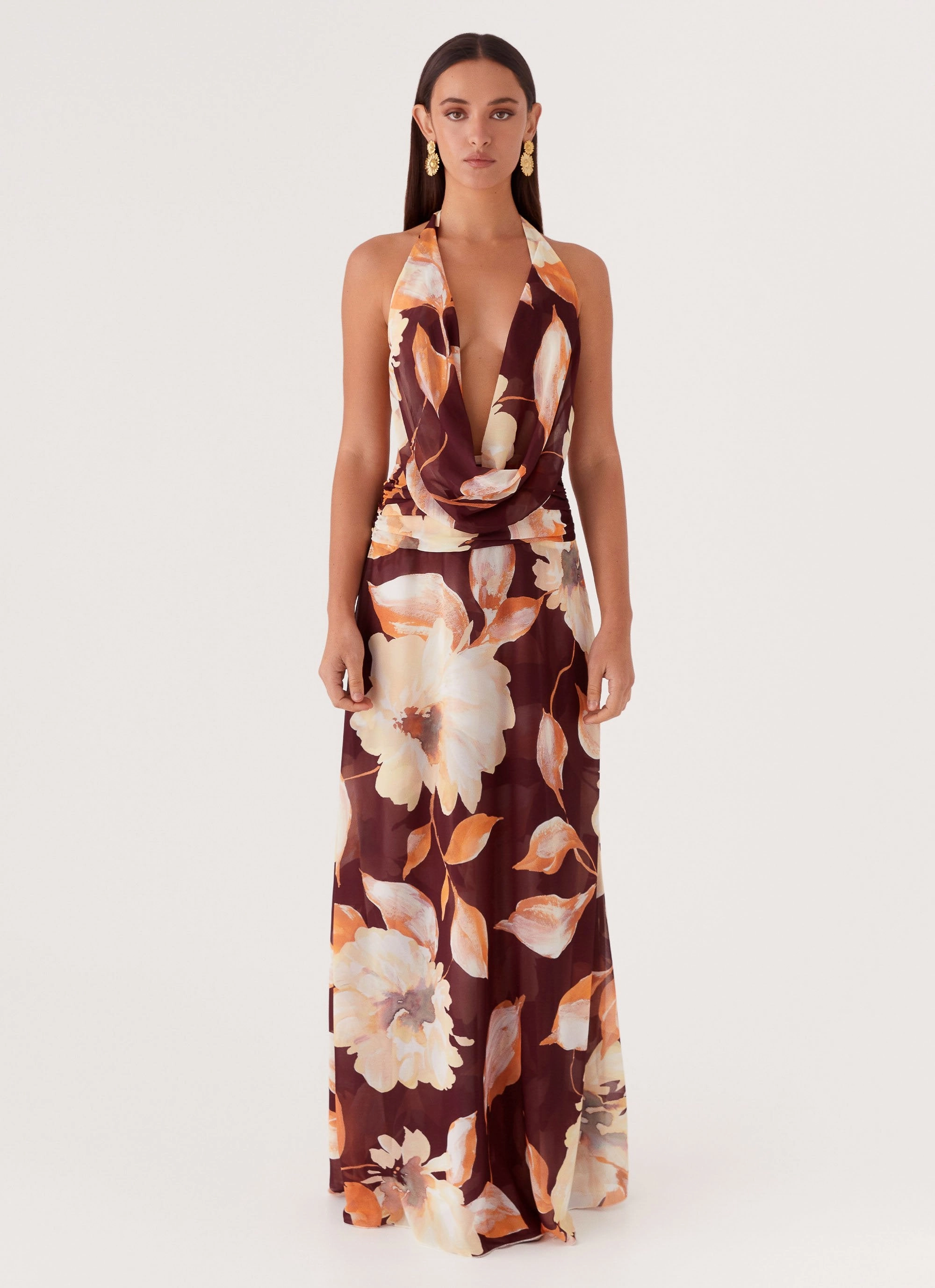 Flattering Cut Elysia Chiffon Maxi Dress - Brown Floral