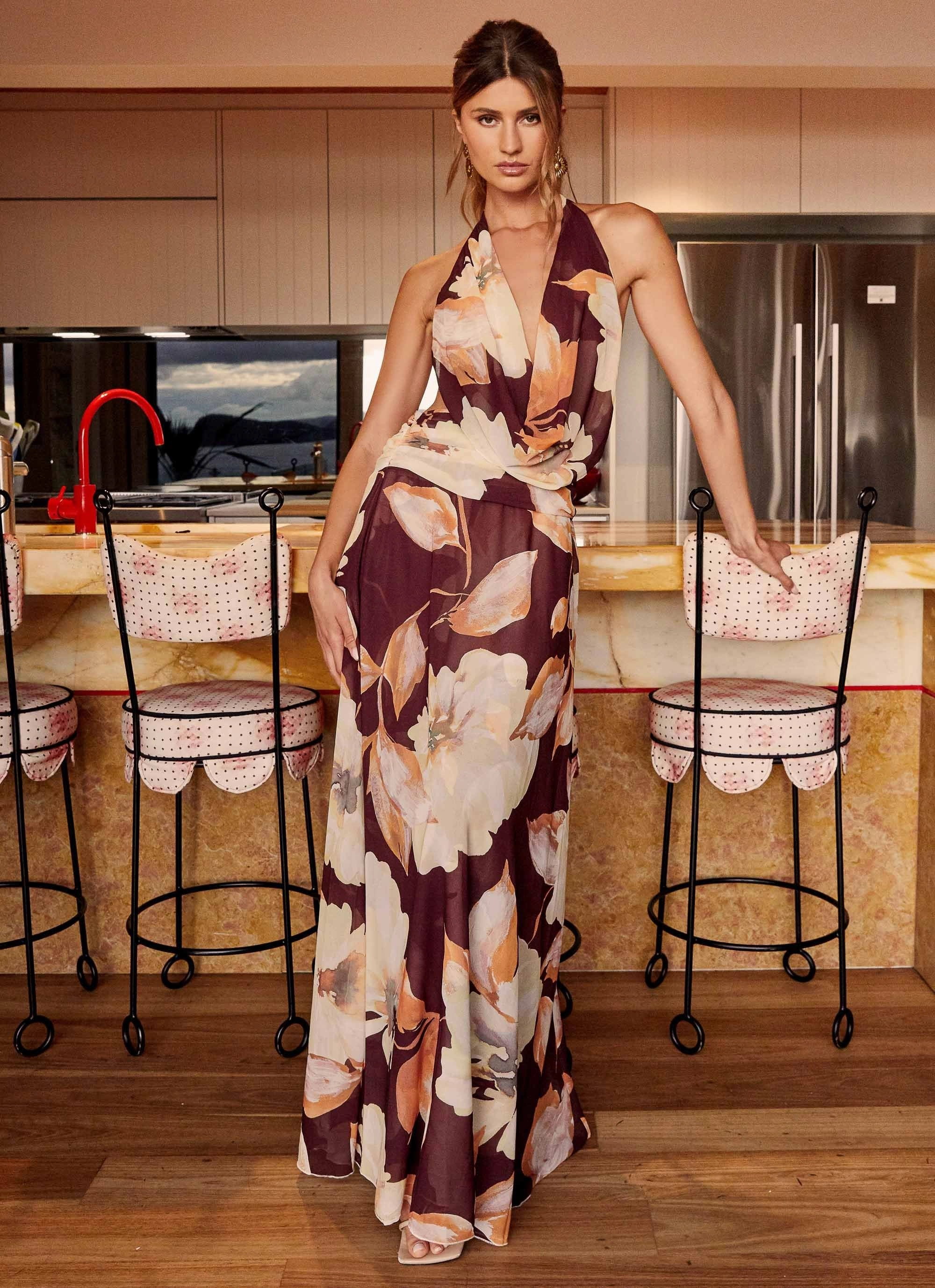 Elysia Chiffon Maxi Dress - Brown Floral Versatile Design