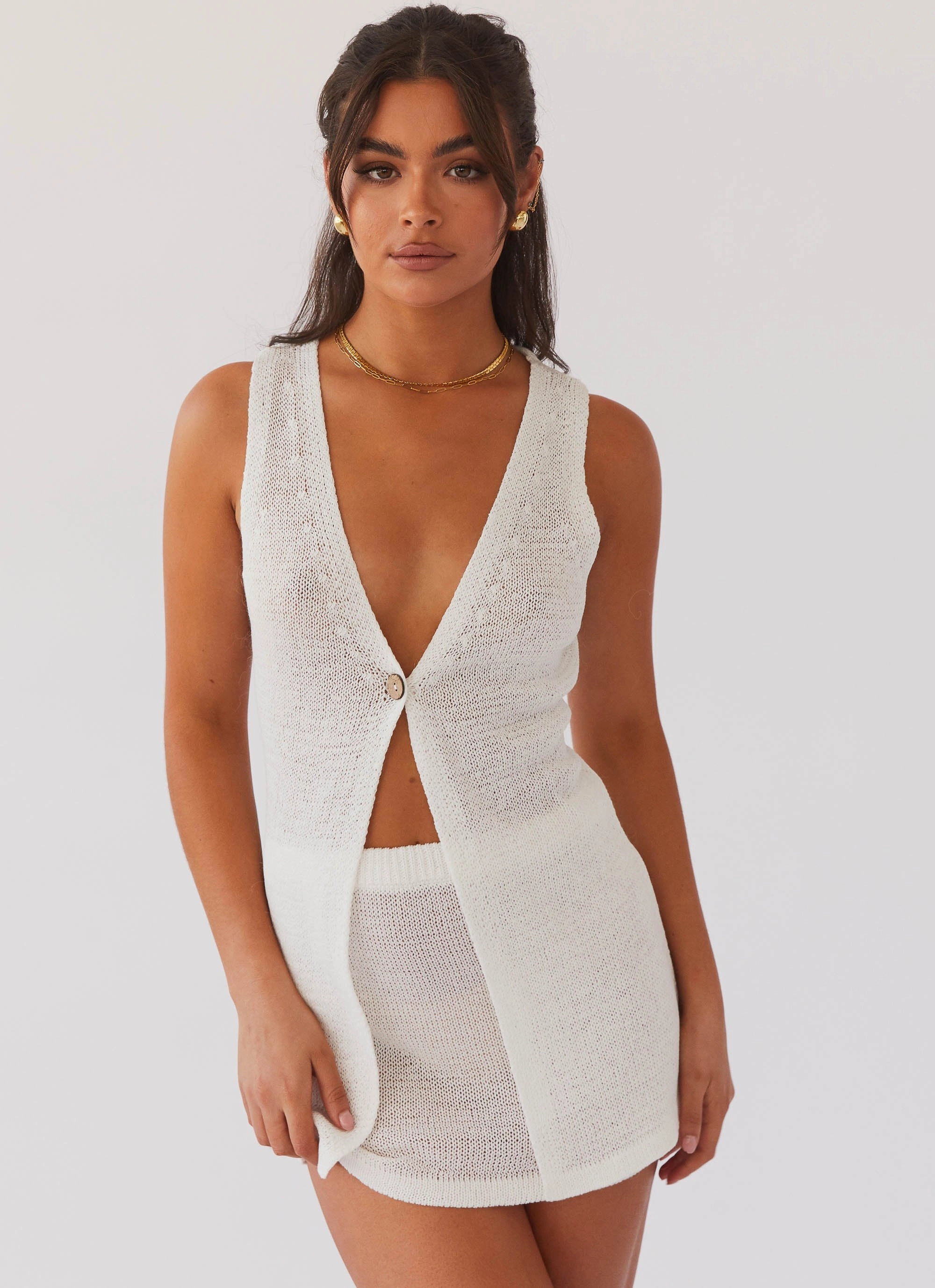 Odor control Flared hem Capri Glow Knit Mini Skirt - White