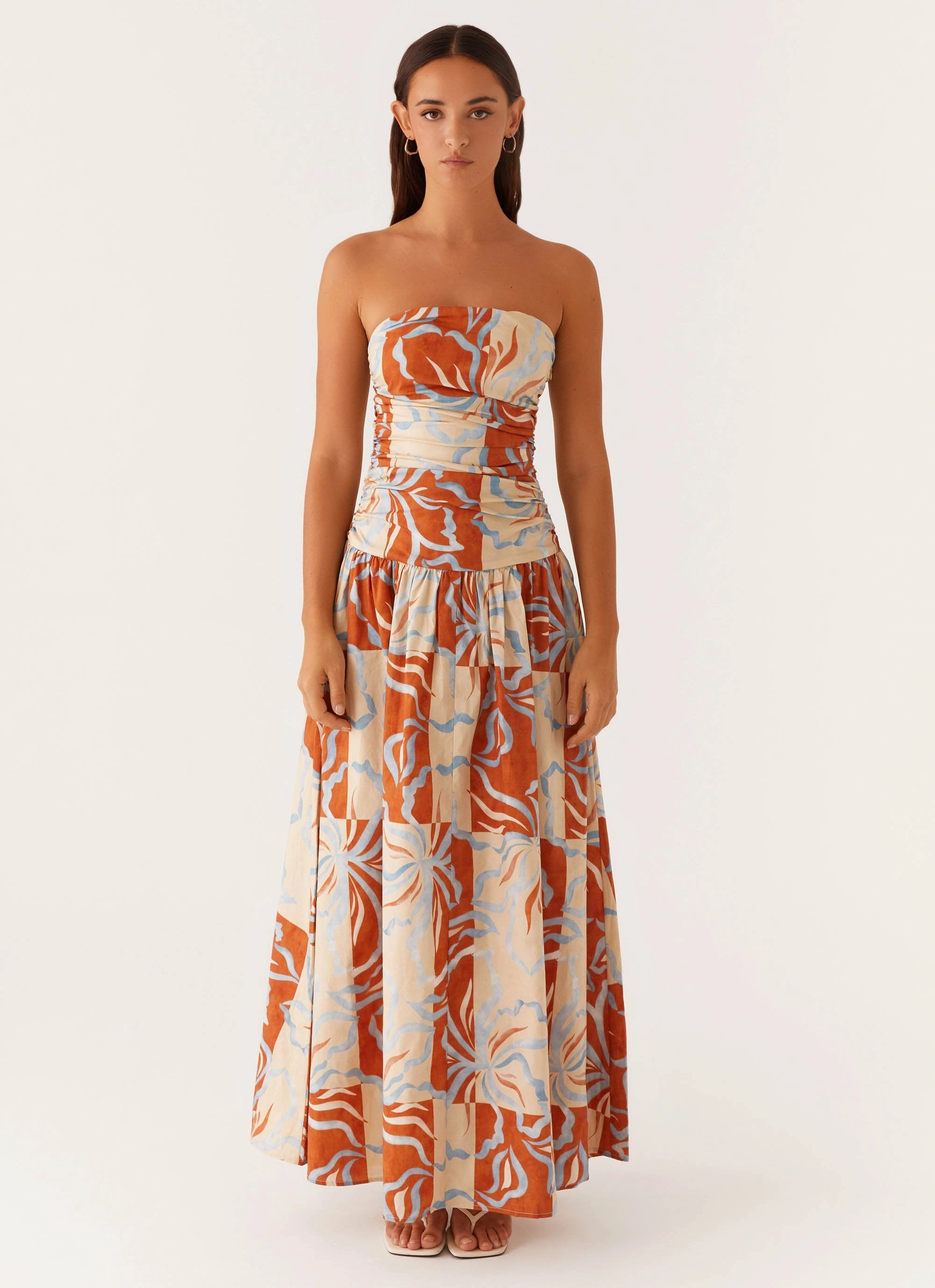 Carmel Maxi Dress - Orange Blue Floral Feminine Look slim fit