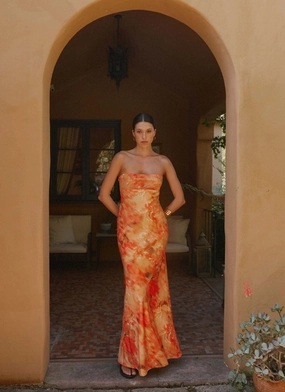 Slimming Shape Lace Fine Carmen Maxi Dress - Sunset Floral