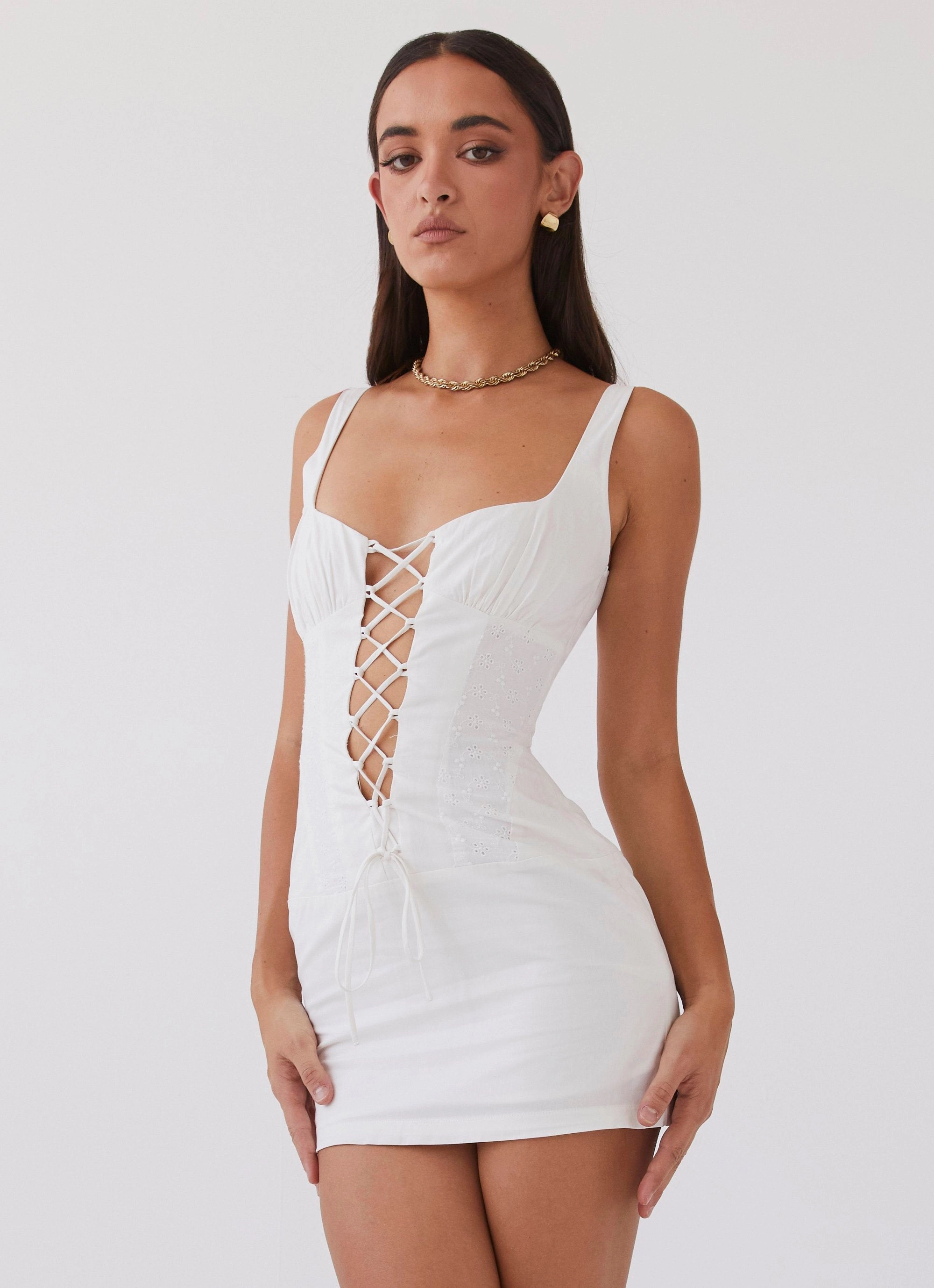Casey Lace Up Mini Dress - White Wrap Charm Urban Motion