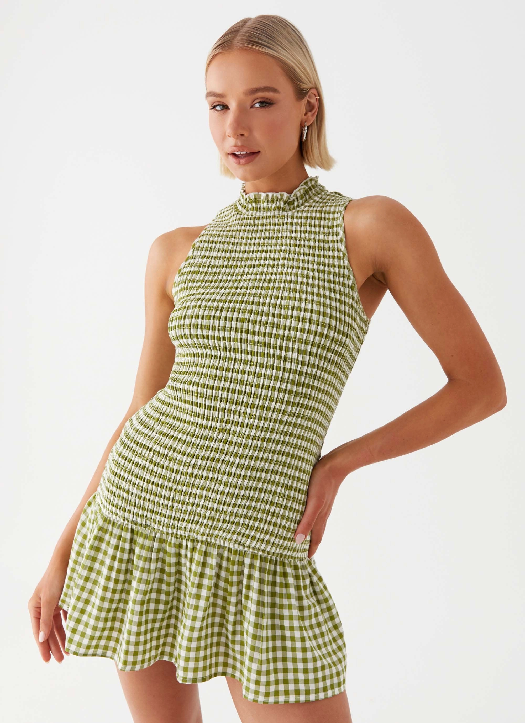 Subtle Glam Cassie shirred Mini Dress - Khaki Gingham