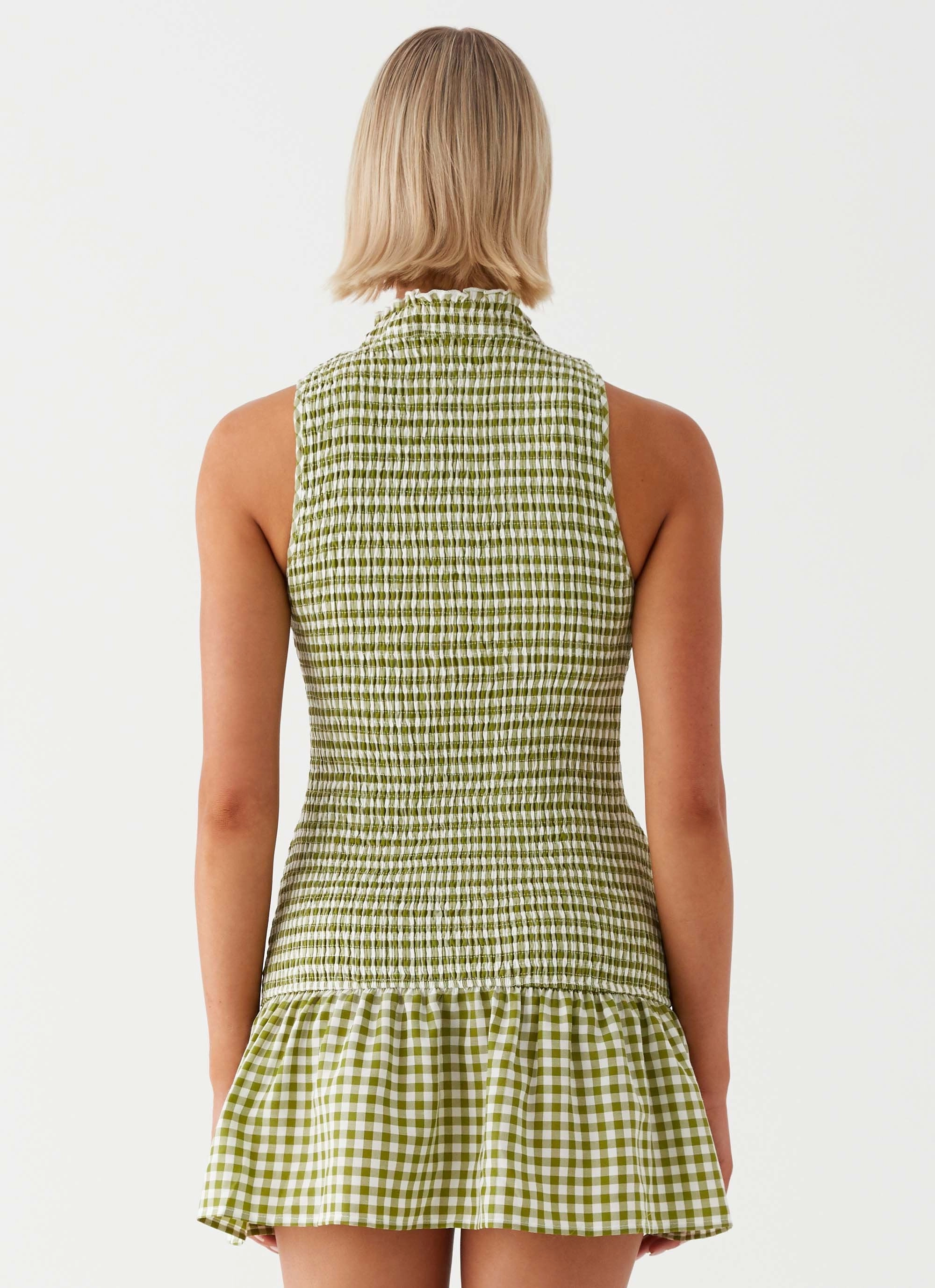 Cassie shirred Mini Dress - Khaki Gingham Clean Style