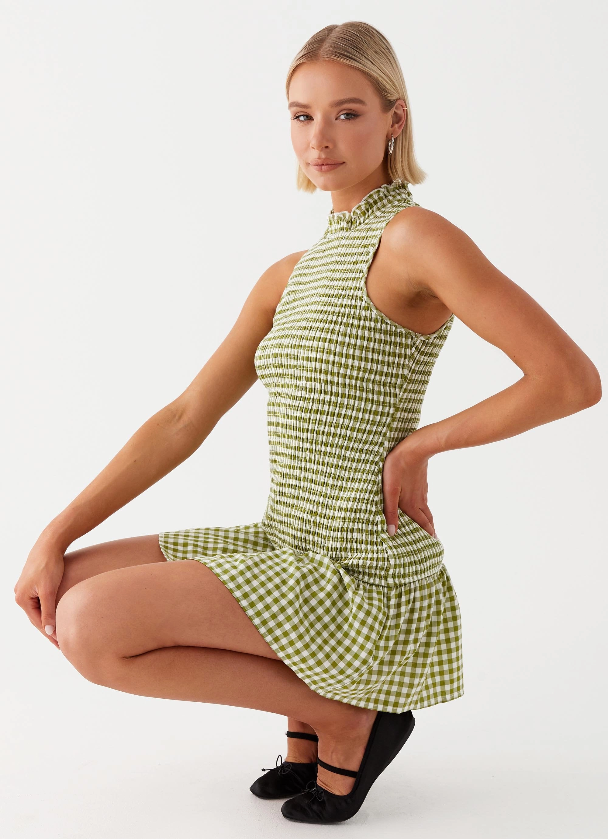 Cassie shirred Mini Dress - Khaki Gingham Visual Balance
