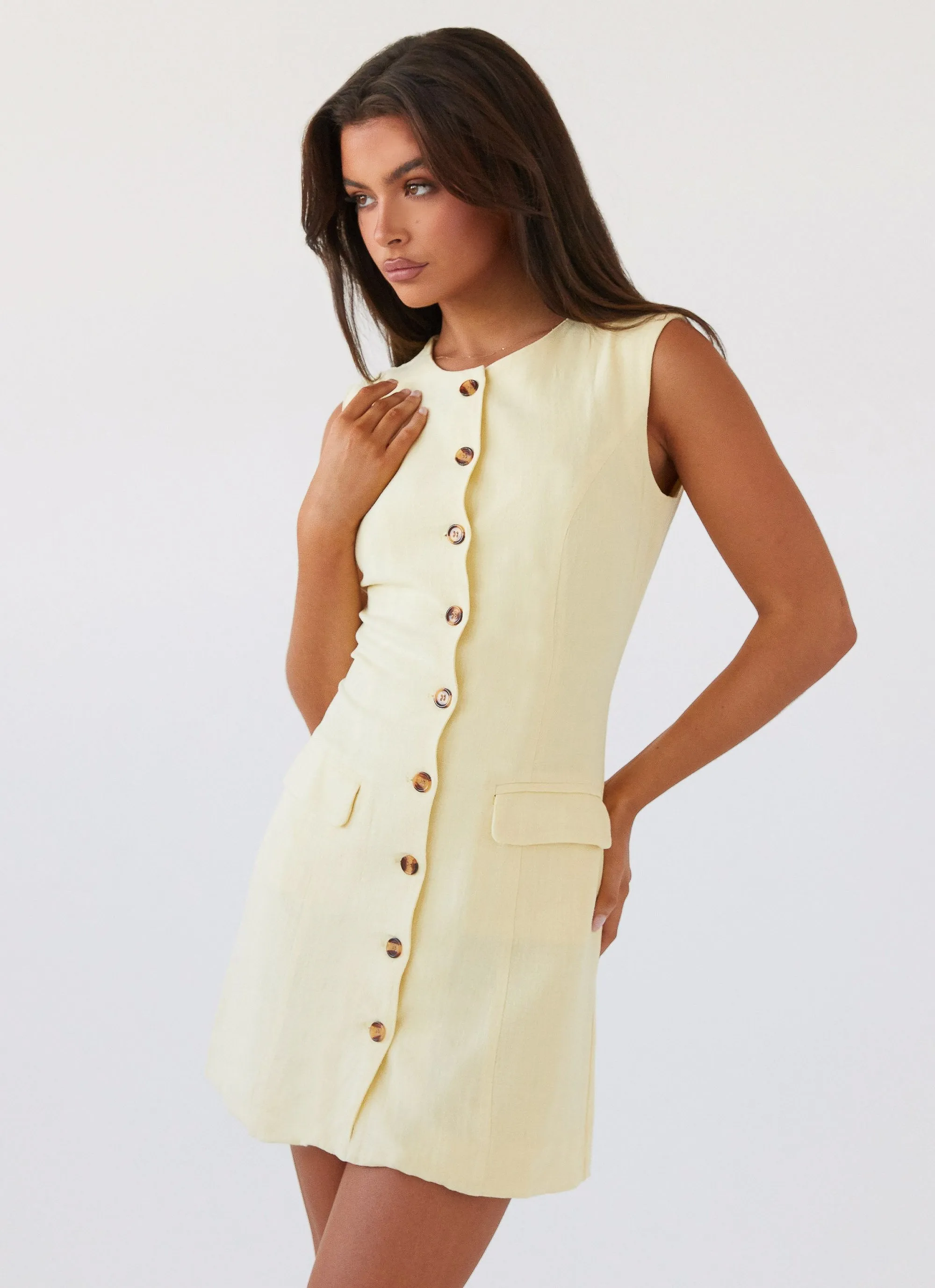 Fitted Style Castello Fiore Linen Mini Dress - Lemon