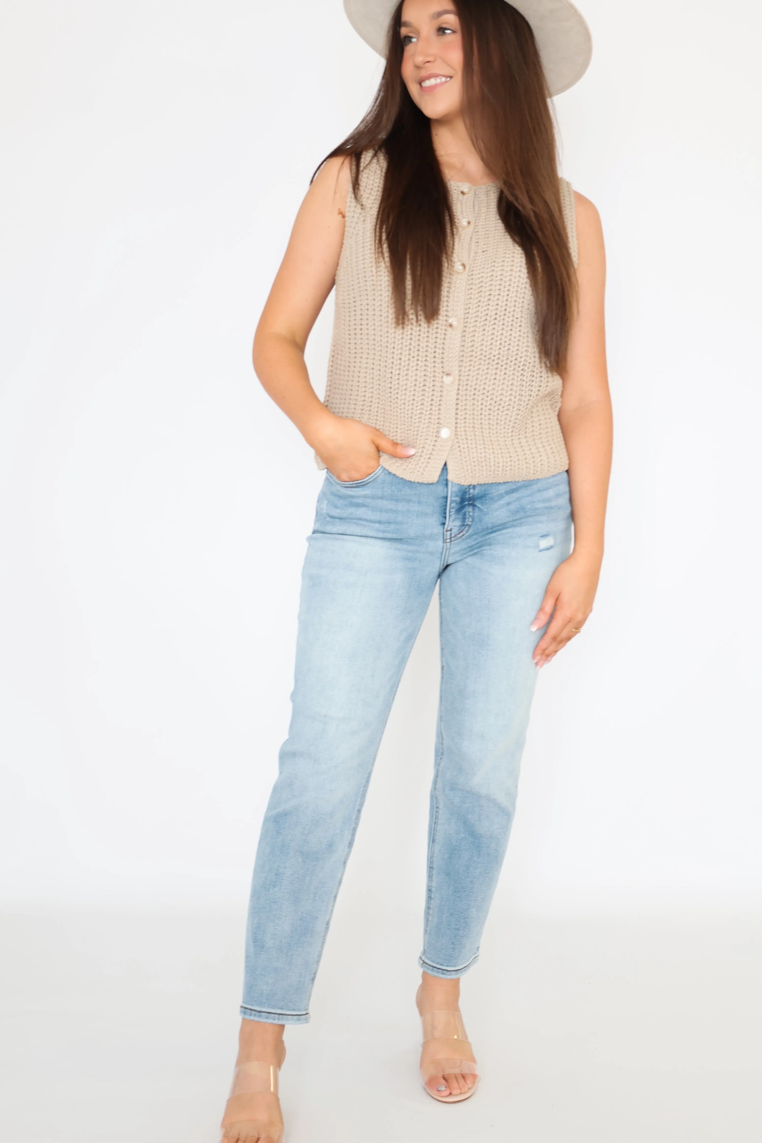 Secure Cuff Design Decorative stitching Rachael High Rise Fab Ab Mom Jean - Recognition- FINAL SALE