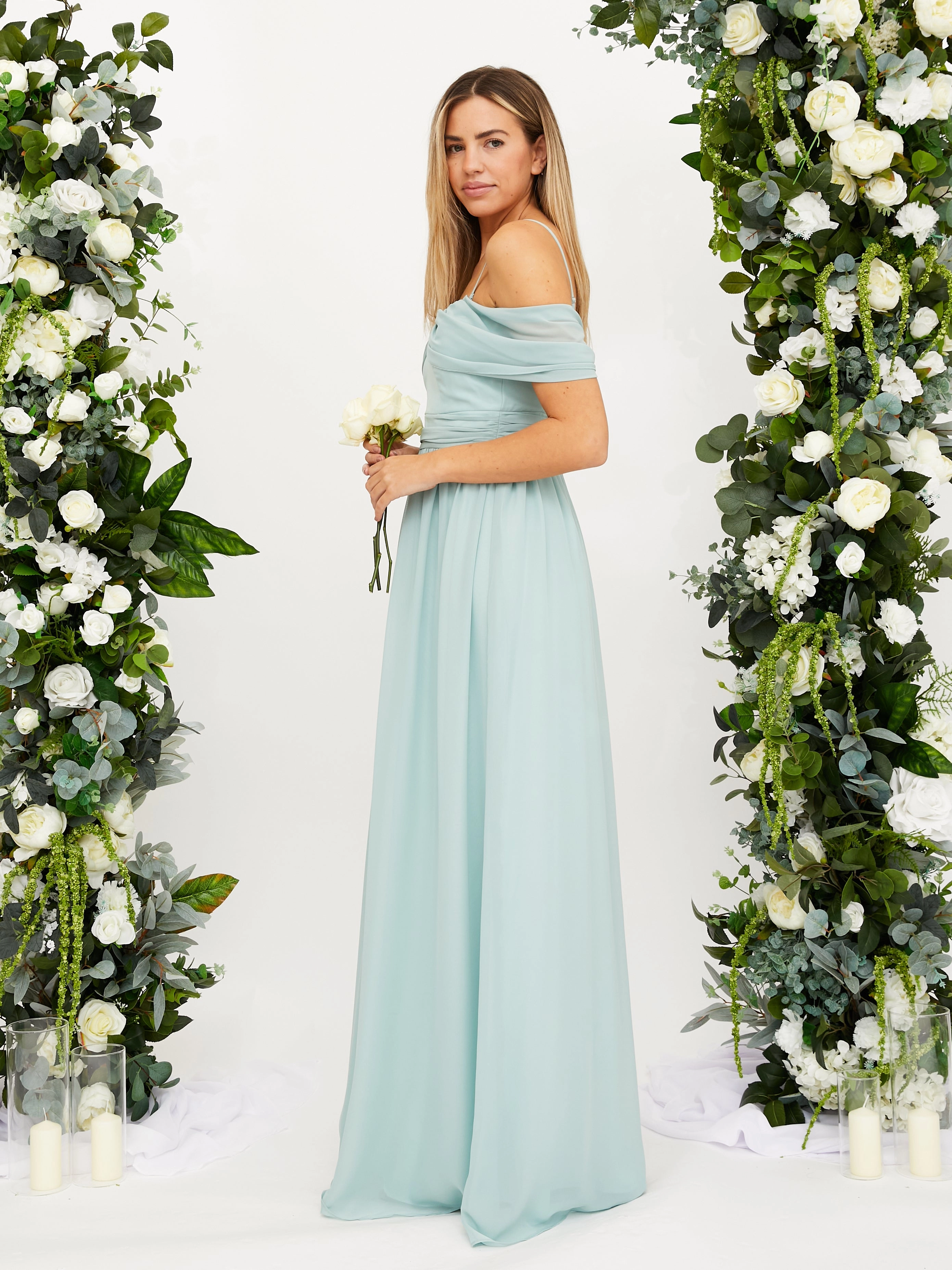 Urban Spirit Cold Shoulder Maxi Chiffon Dress / Sage