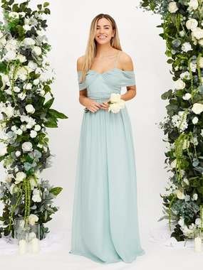 Chic Statement Elegant Waist Fit Cold Shoulder Maxi Chiffon Dress / Sage
