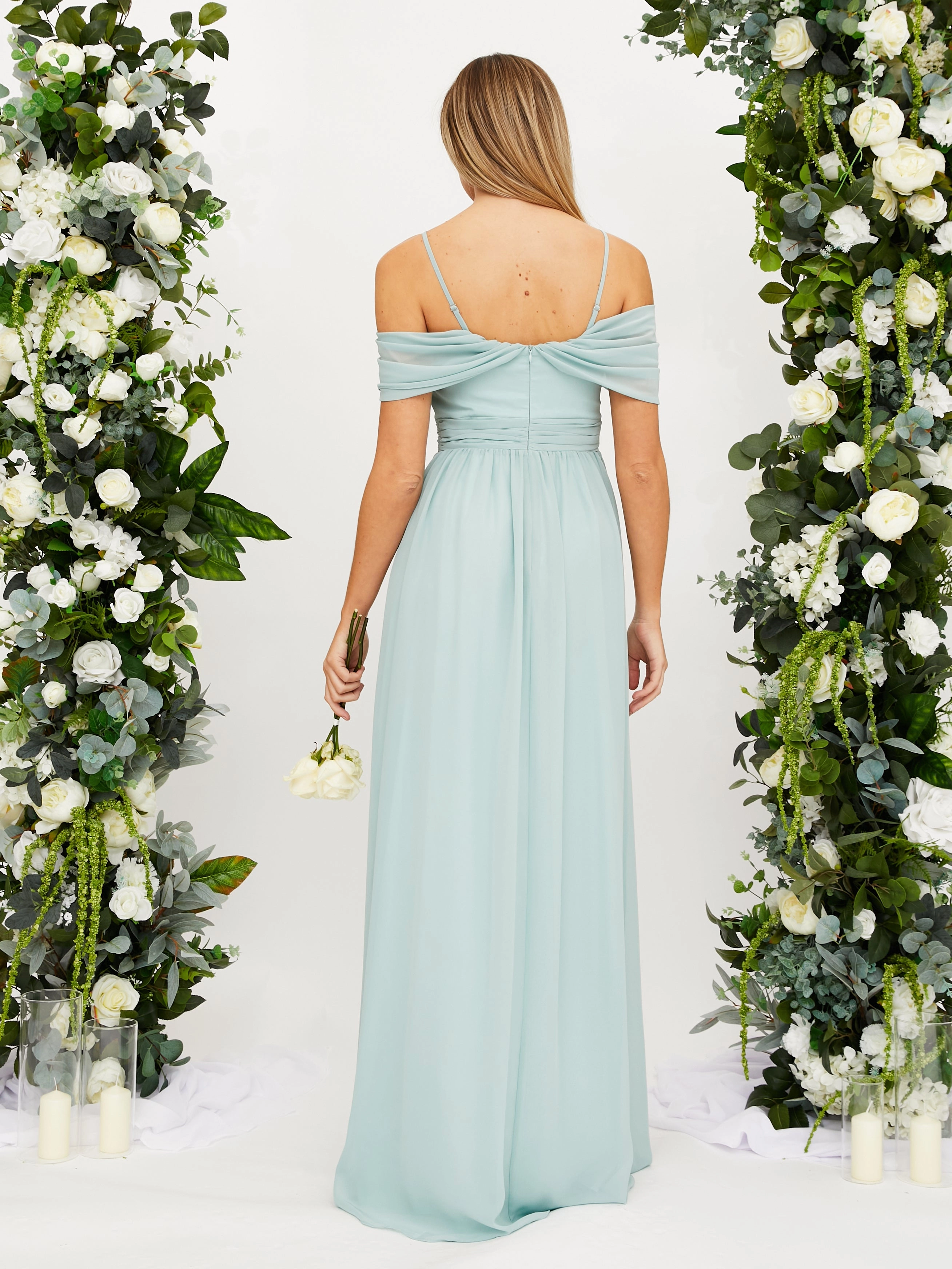 Loose Flow Sweetheart Cut Cold Shoulder Maxi Chiffon Dress / Sage