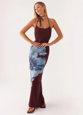 Dayana Halterneck Maxi Dress - Maroon Print Daily Comfort