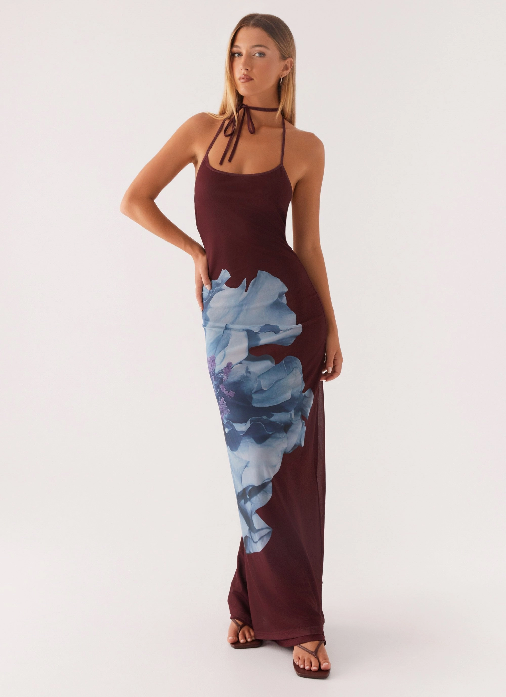 Dayana Halterneck Maxi Dress - Maroon Print Fashionable Fit