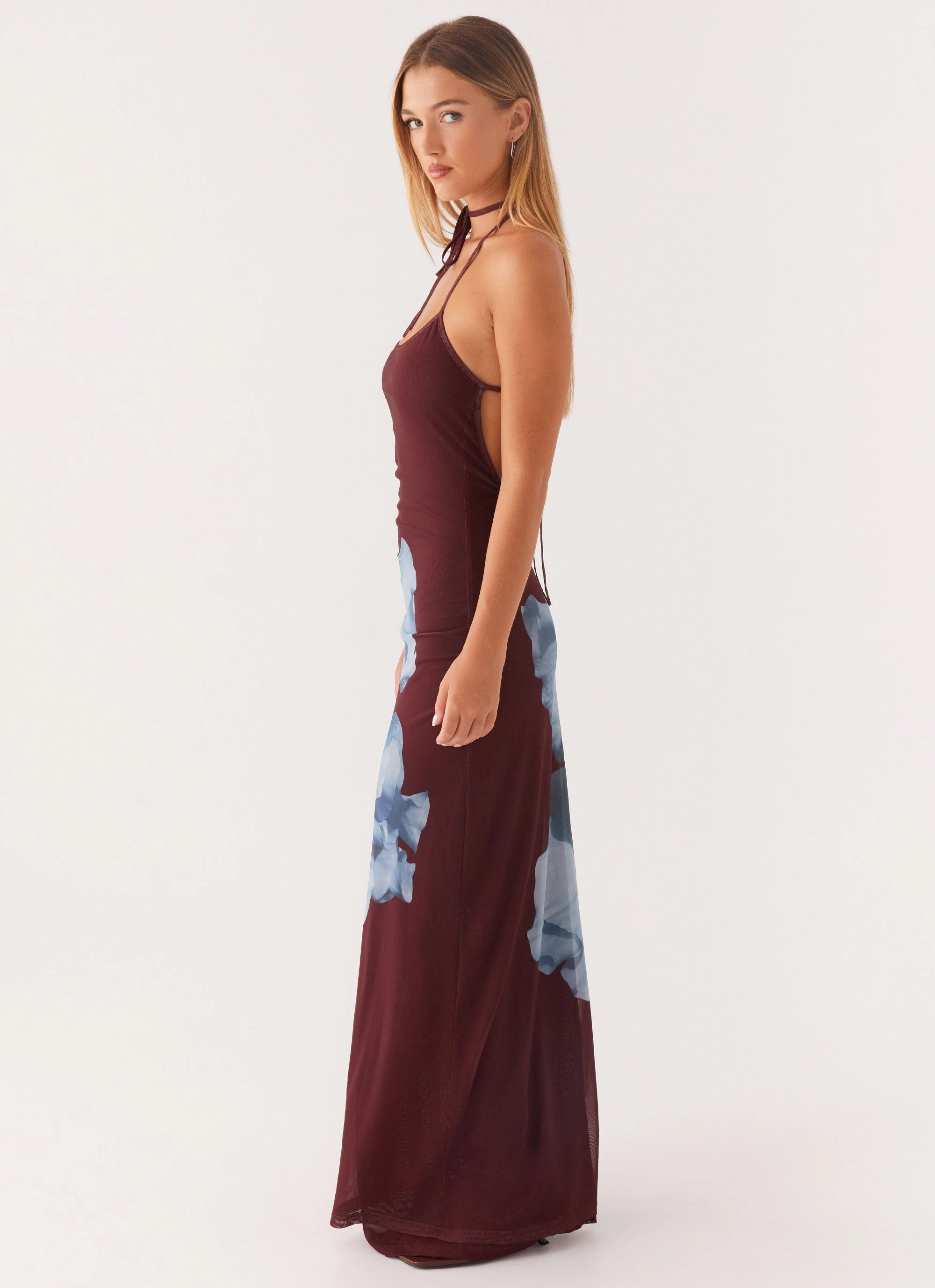 Dayana Halterneck Maxi Dress - Maroon Print Sharp Profile
