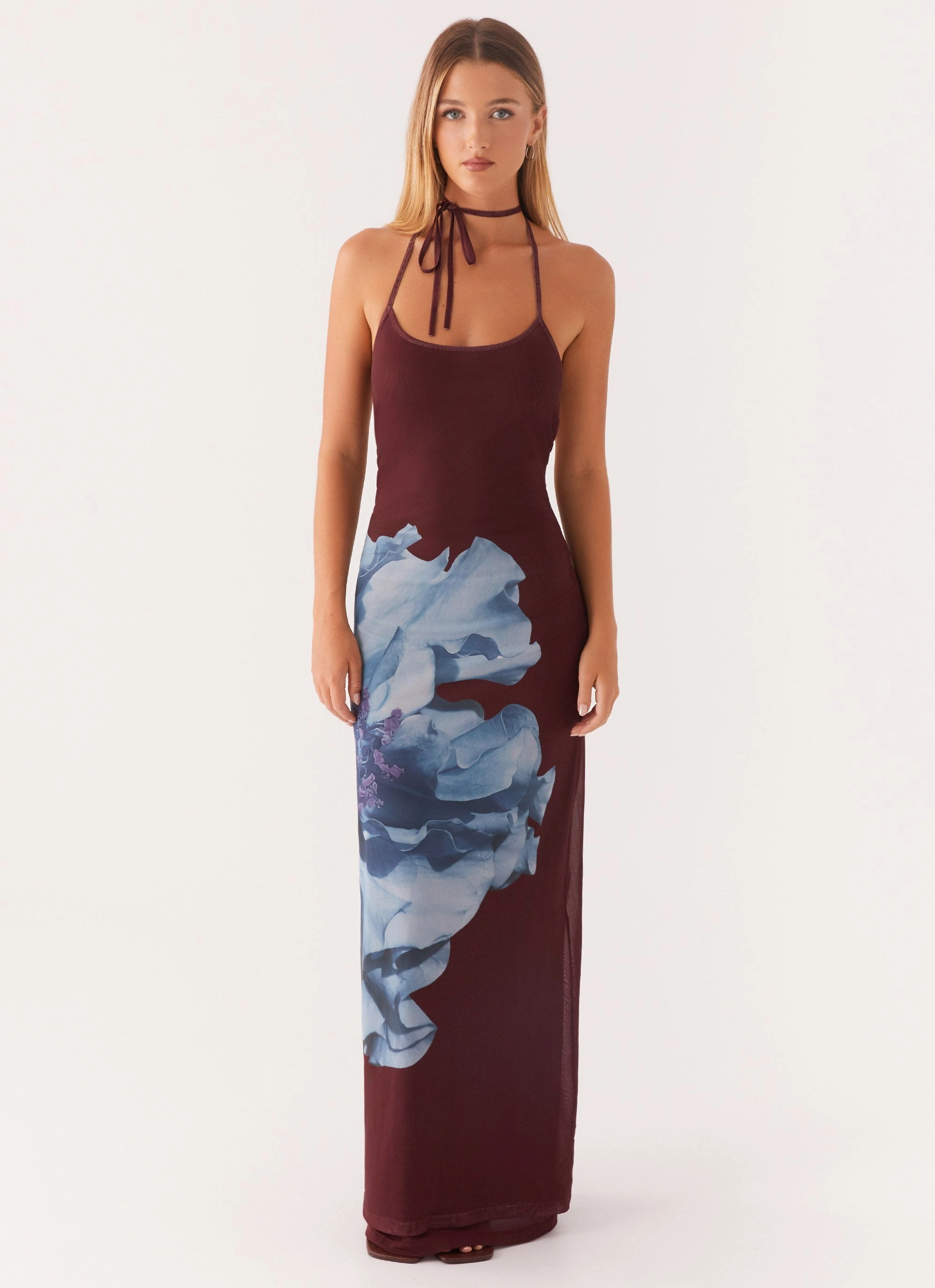 Dayana Halterneck Maxi Dress - Maroon Print Vibrant Spirit