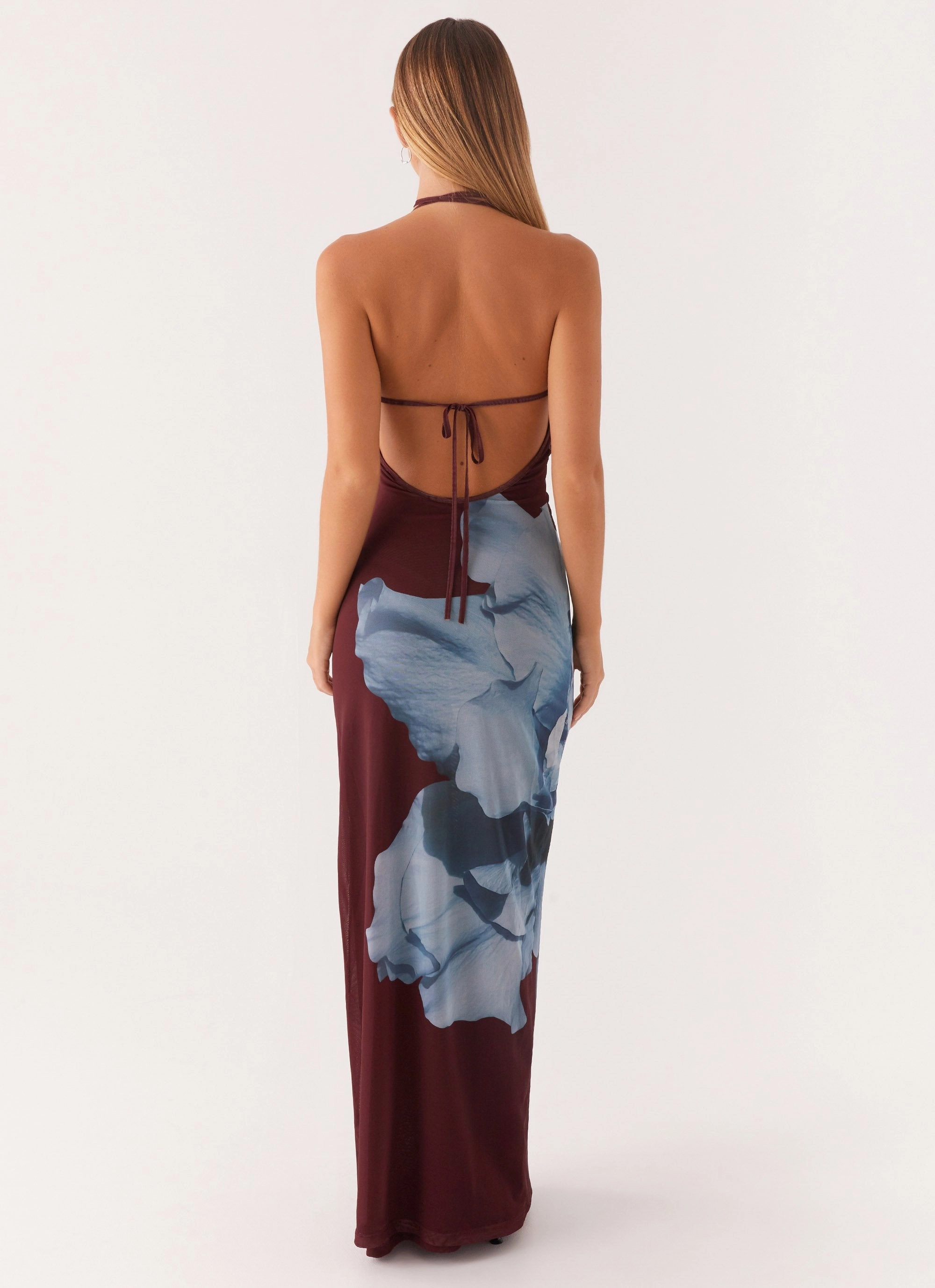 Dayana Halterneck Maxi Dress - Maroon Print Balanced Look