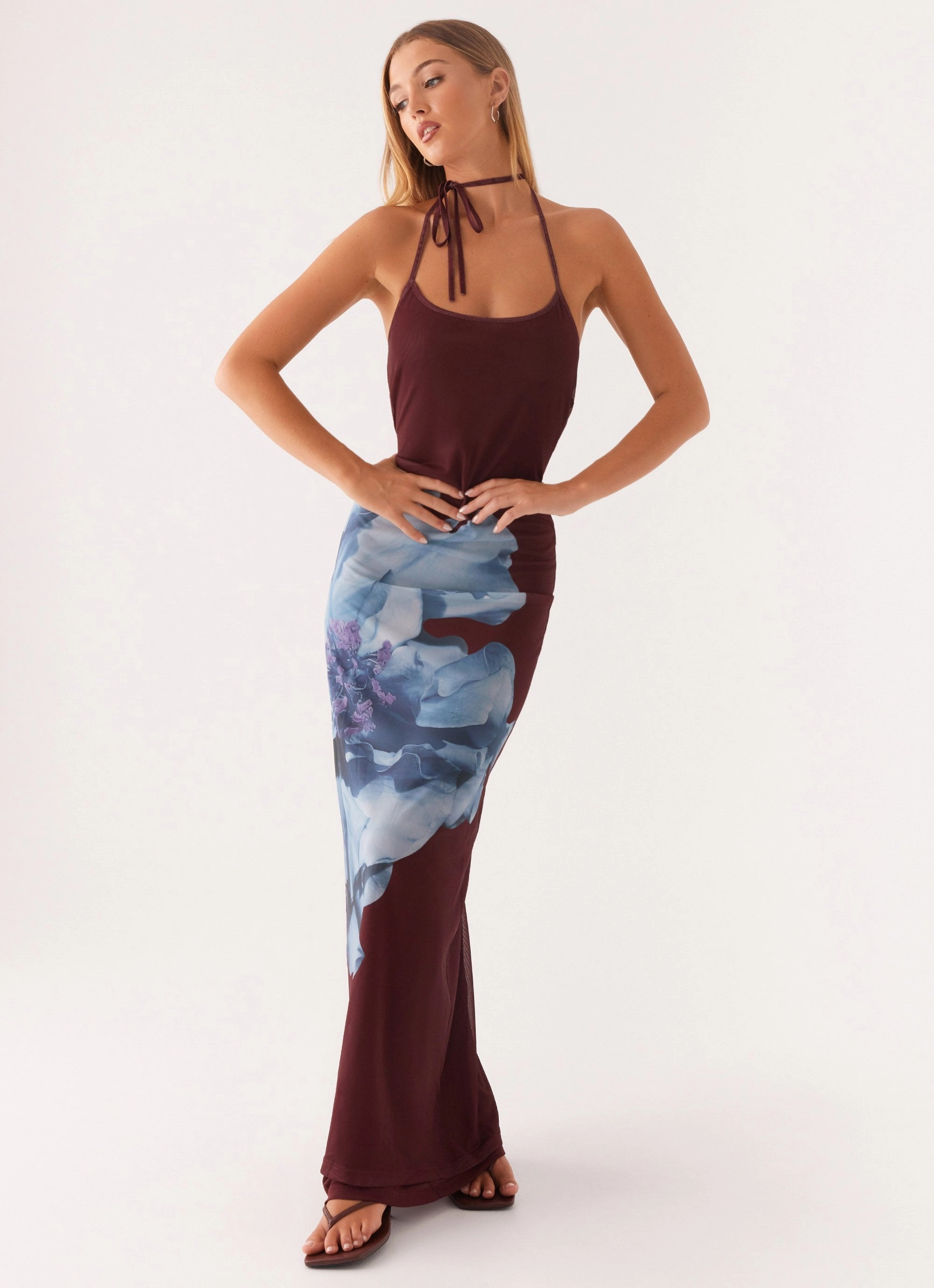 Dayana Halterneck Maxi Dress - Maroon Print Daily Comfort