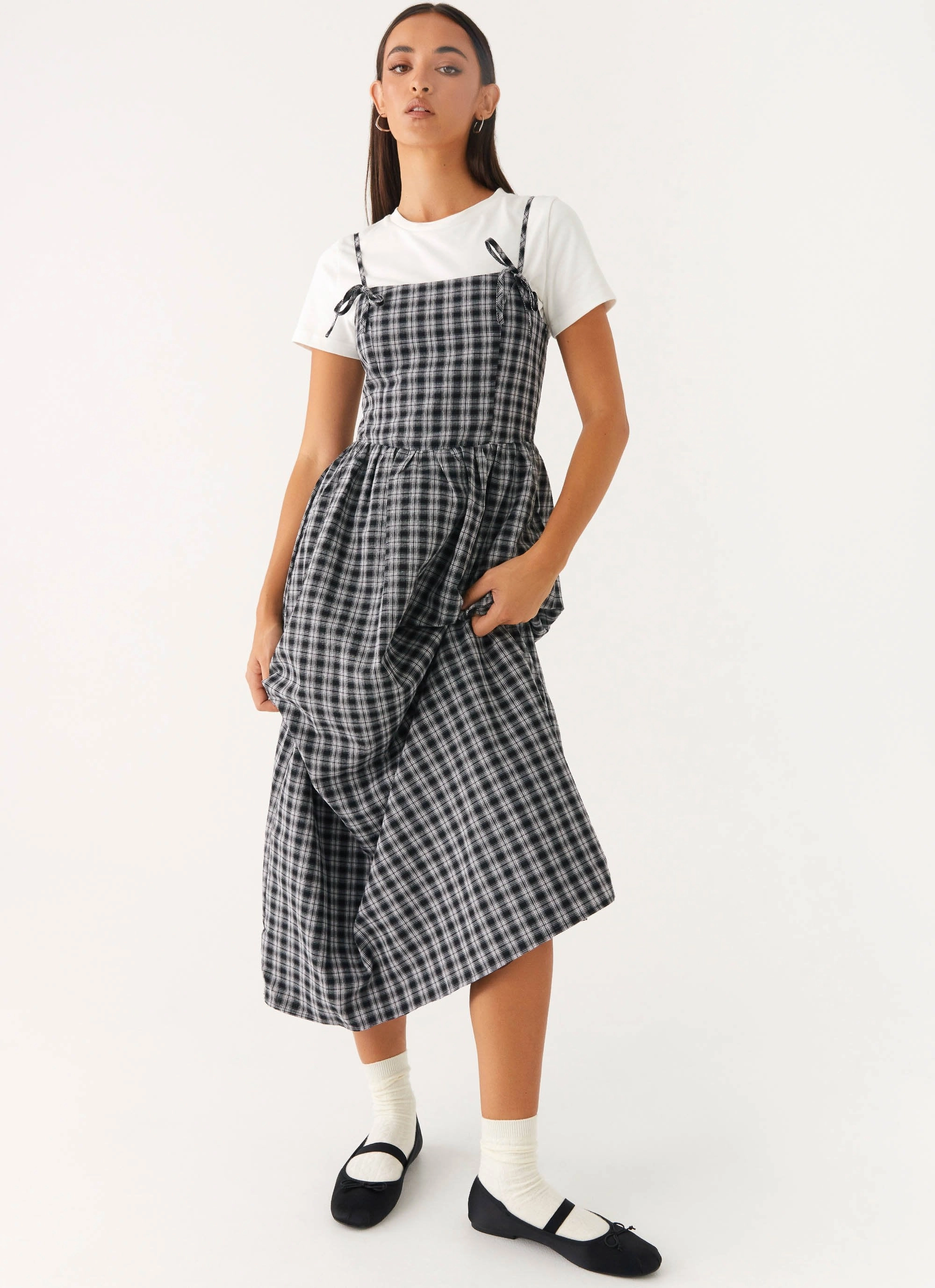 Ramsey Midi Dress - White Black Check Subtle Detail Easy-to-style casual dress