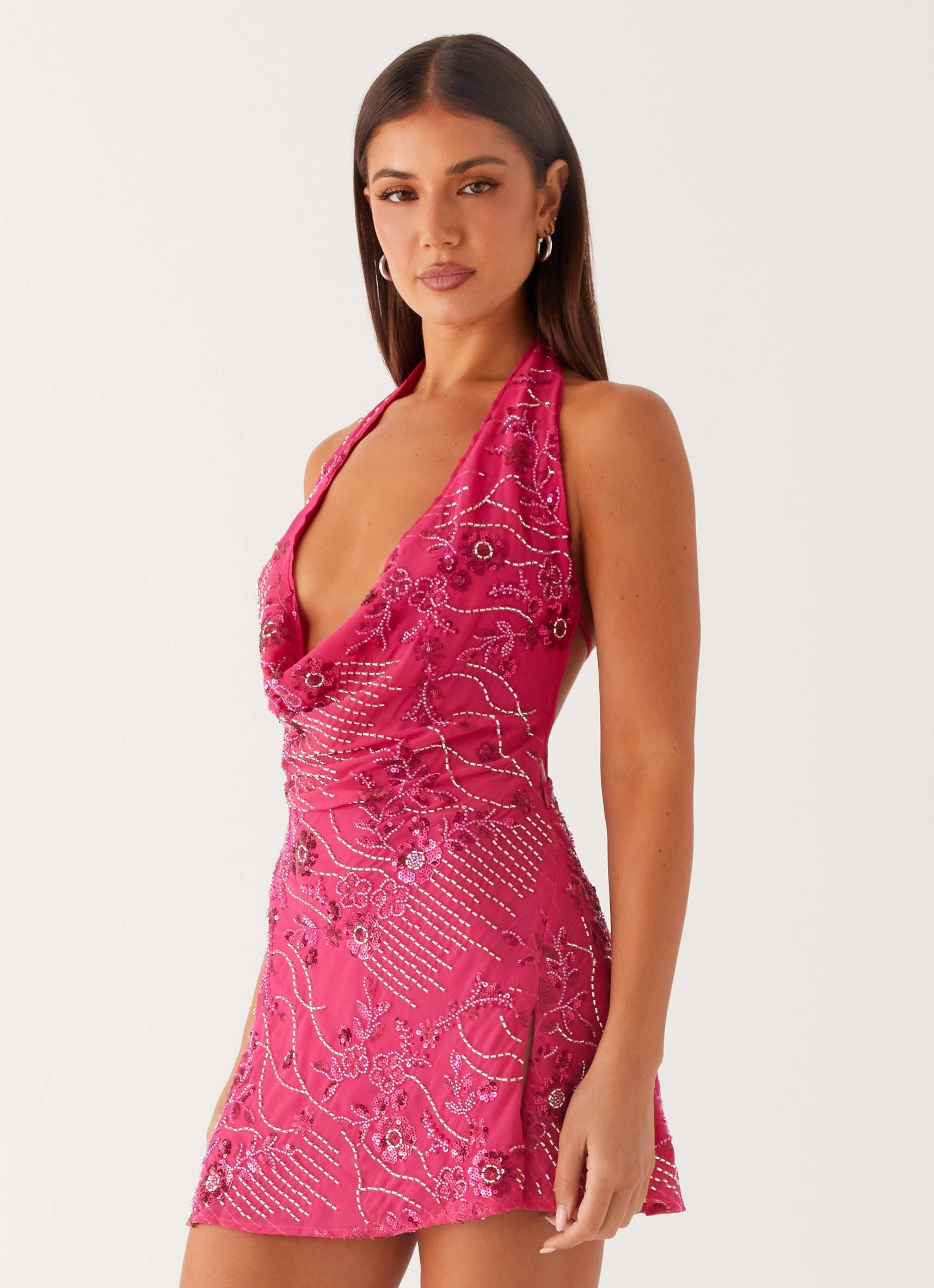 Sheer Panel Cinzia Beaded Mini Dress - Fuchsia