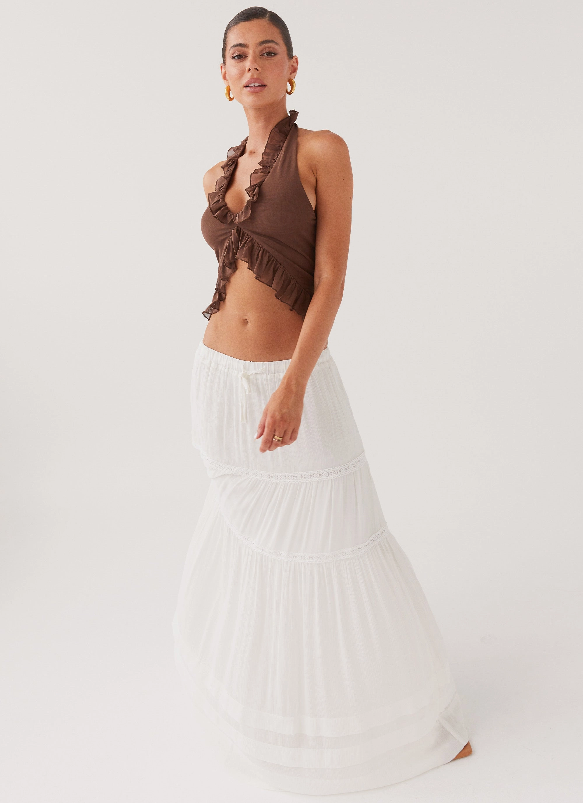 Moonstone Tiered Maxi Skirt - White Flowy Drape Road Trip