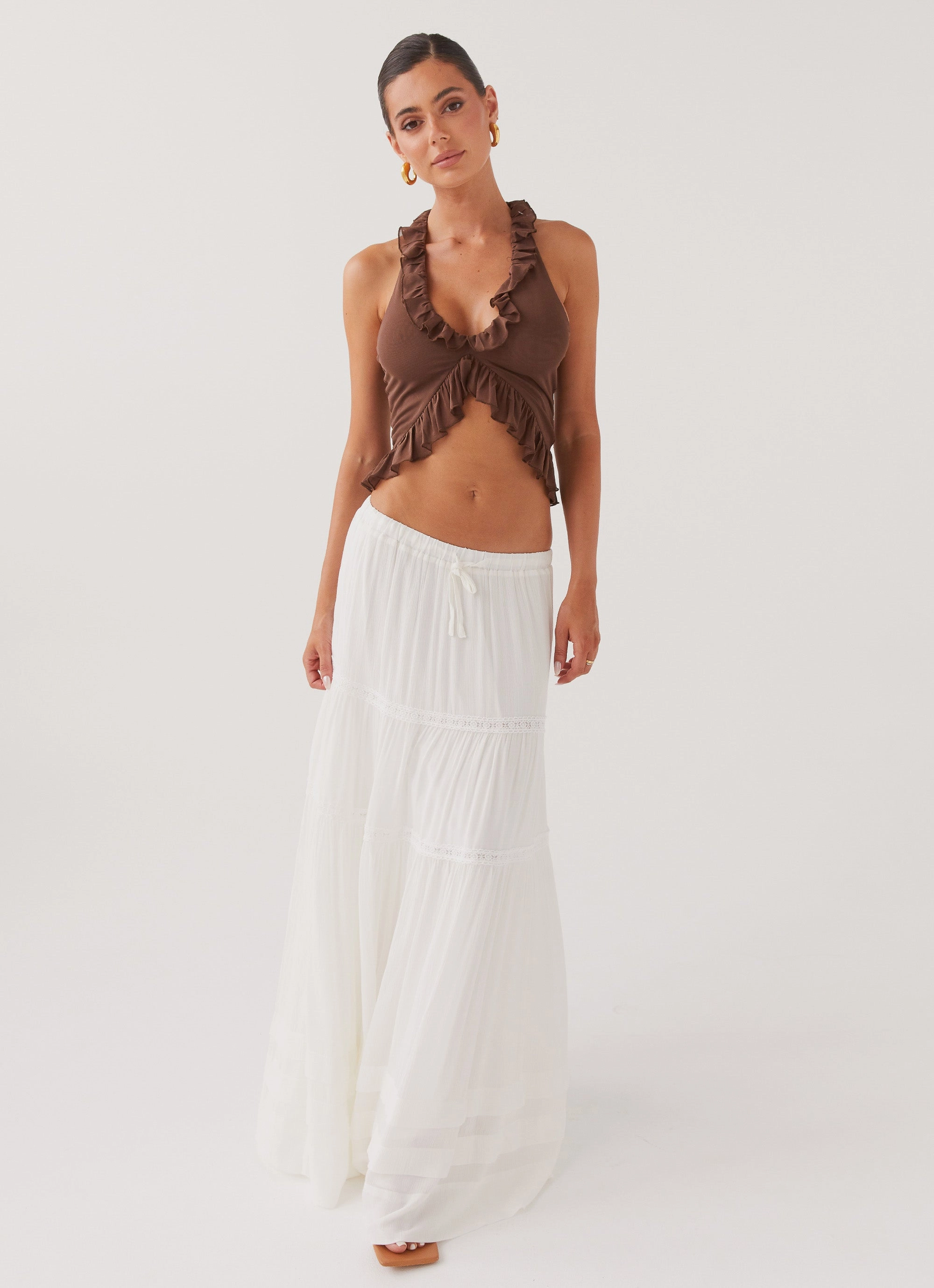 Tapered Cut Moonstone Tiered Maxi Skirt - White