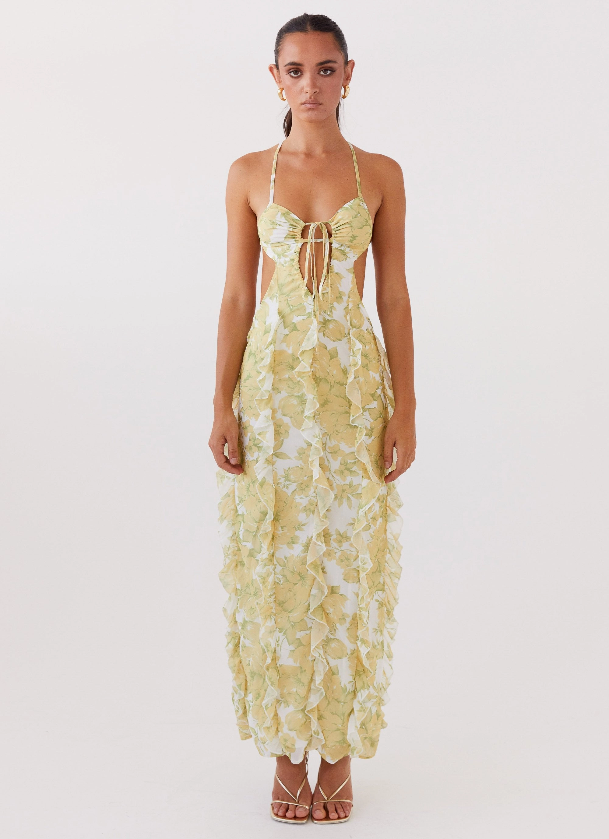 Semi Formal Fresh Color Sunset Kisses Ruffle Maxi Dress - Daffodil