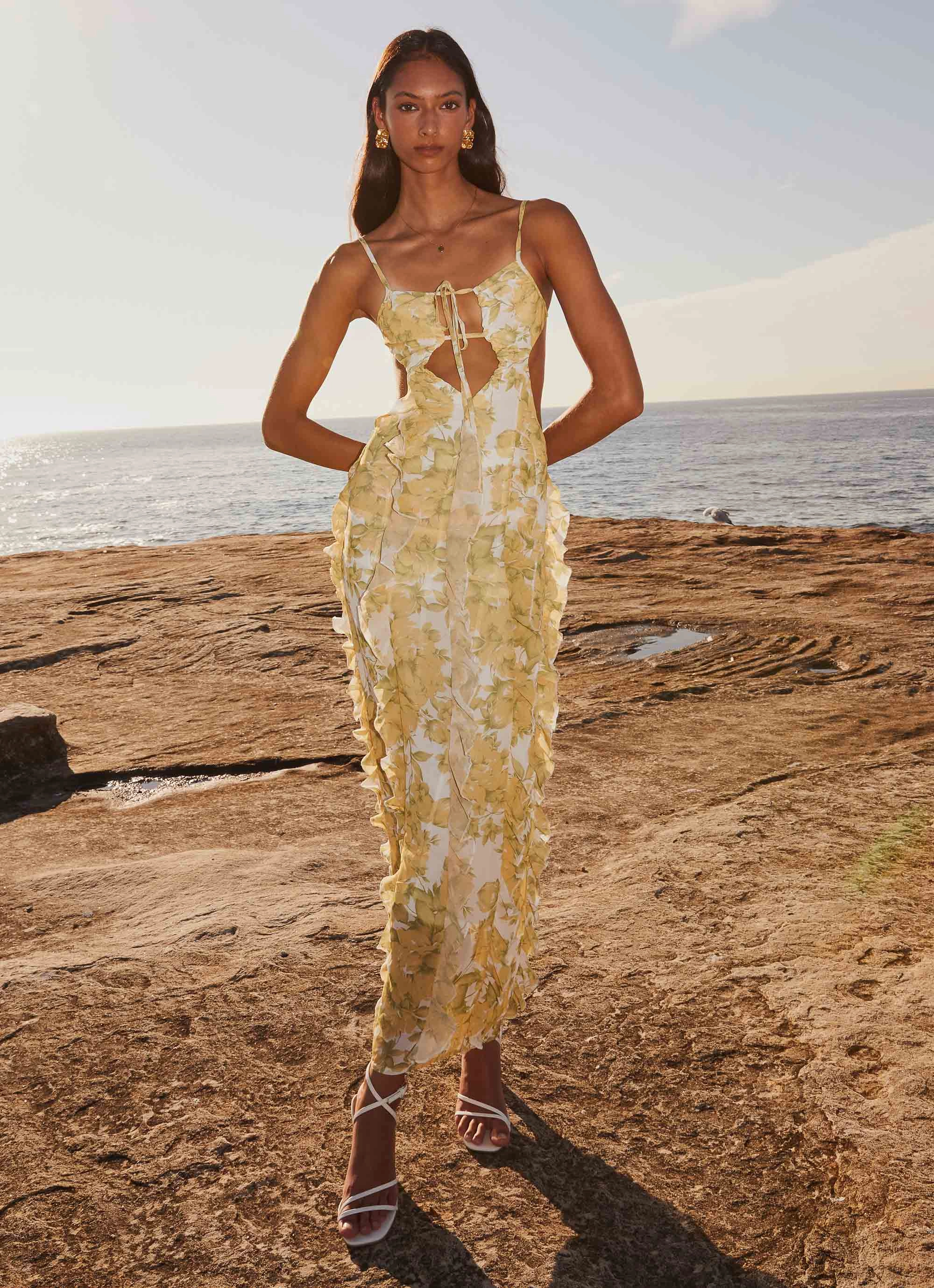 Soft Touch Pleated-Texture Sunset Kisses Ruffle Maxi Dress - Daffodil