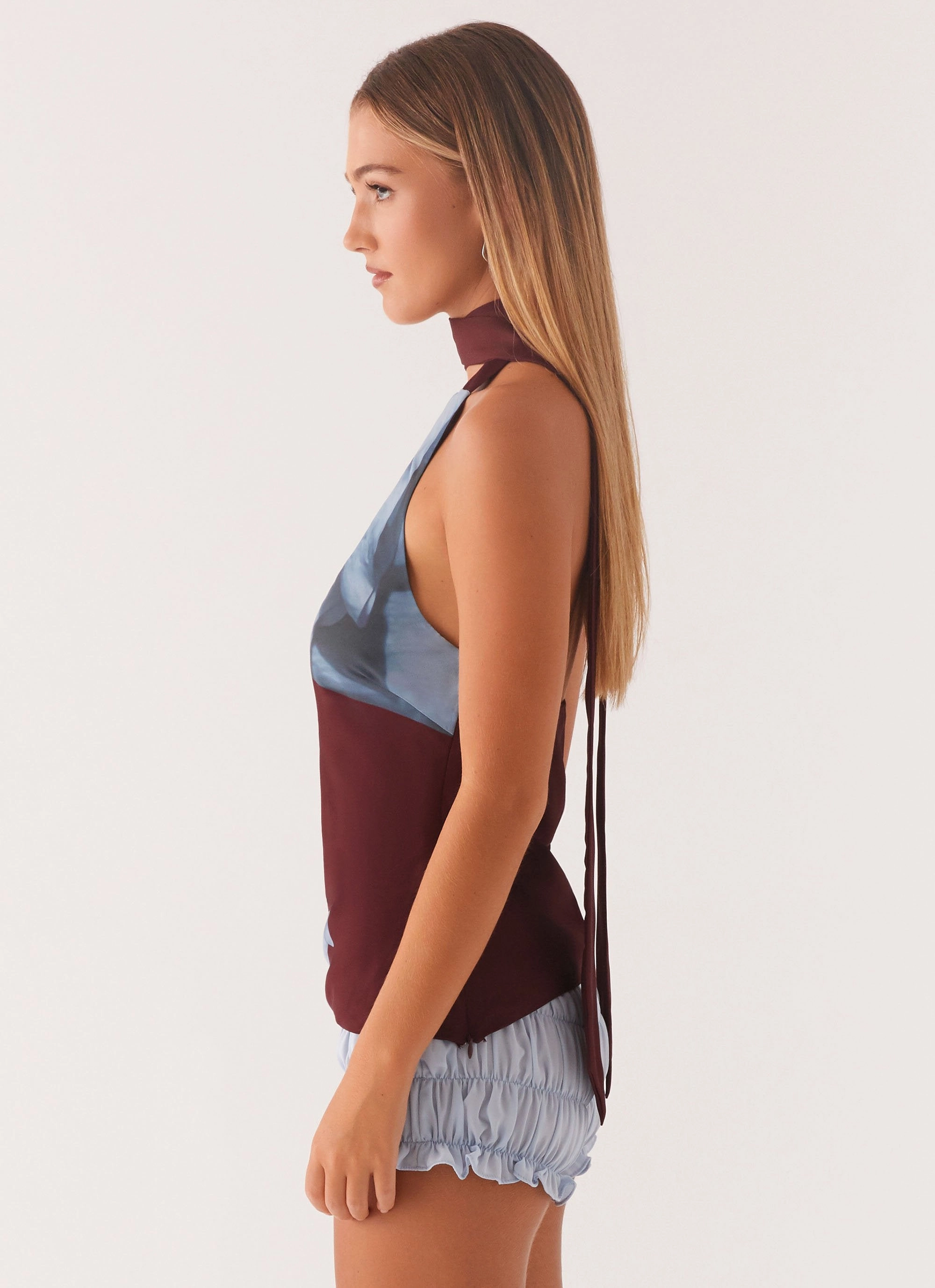 DoubleNeedle Stitching Yarn Dye Stripe Catarina Halter Top - Maroon Print