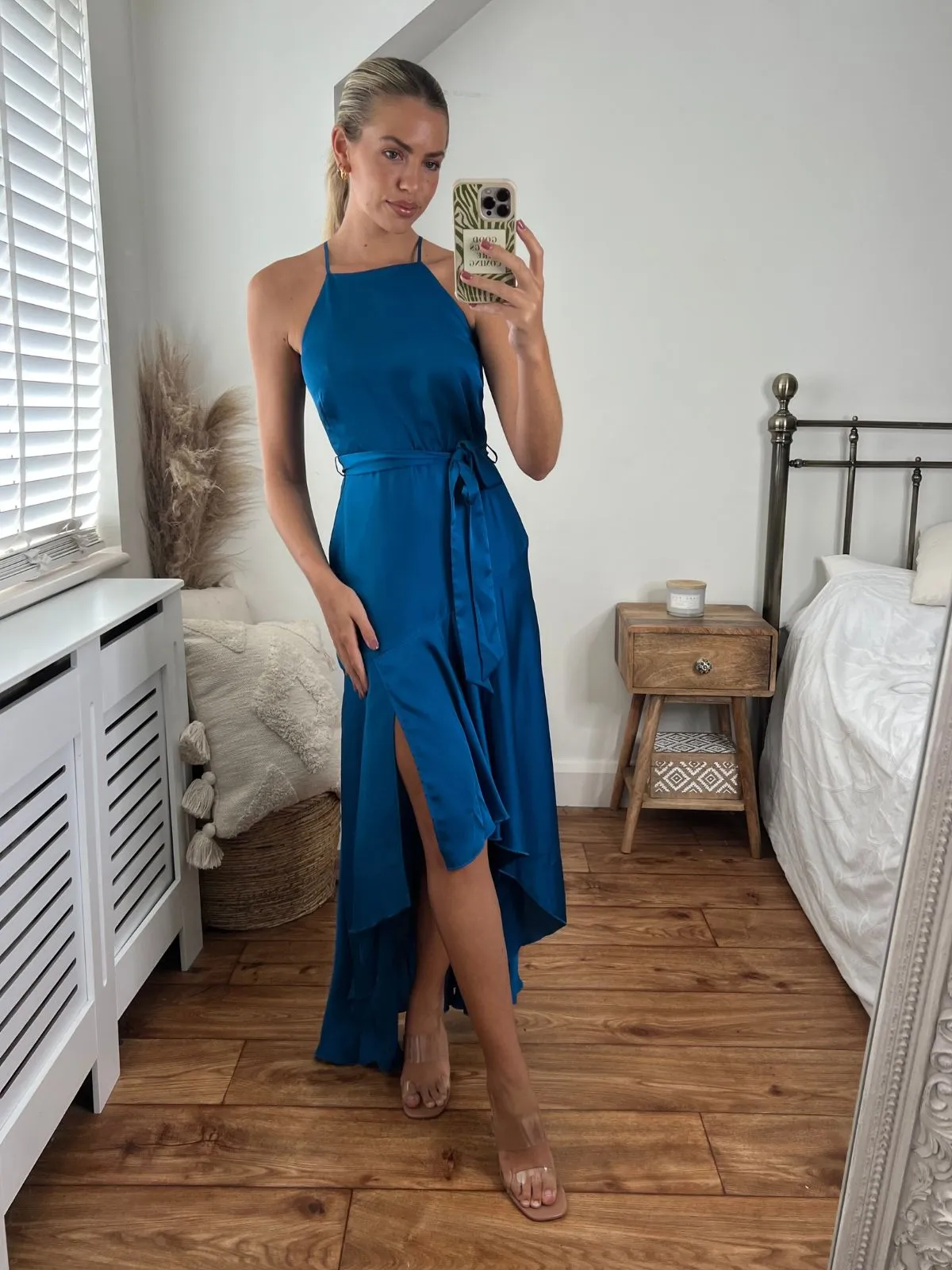 Fleur High Low Satin Dress / Peacock Blue Fit Clean Soft cotton blend dress