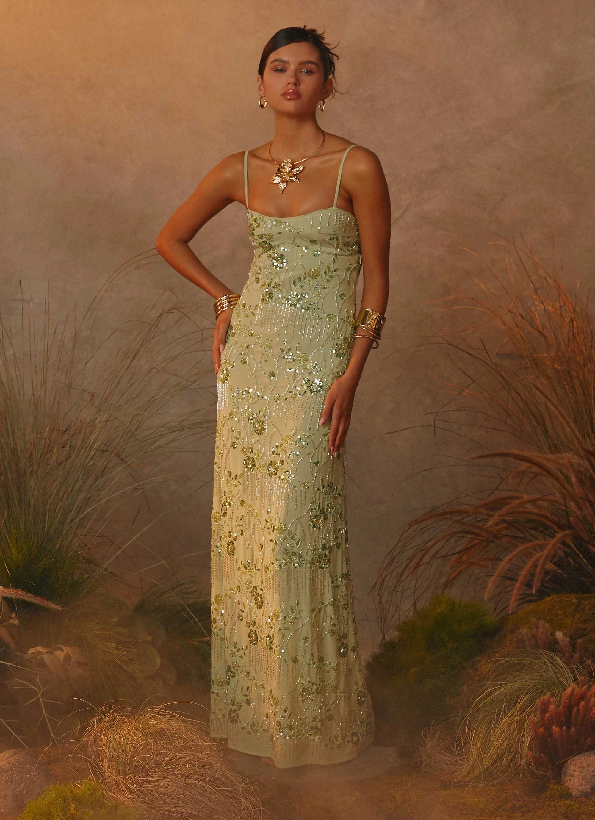 Celandine Beaded Maxi Dress - Lime Breathable Wearable Statement-Buttons