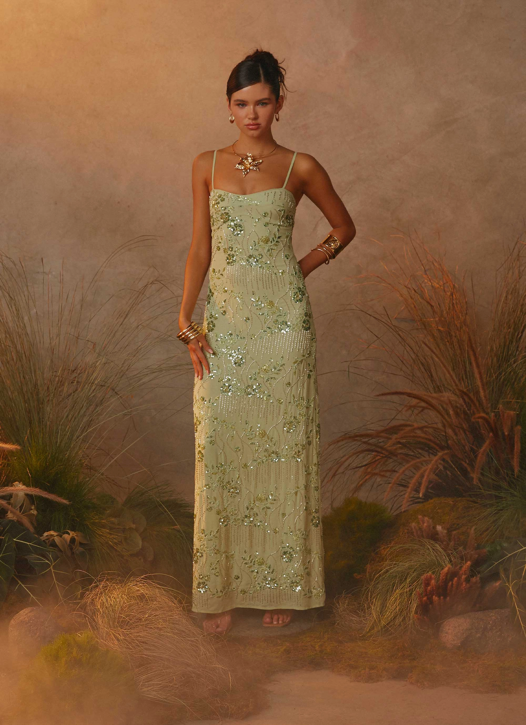 Celandine Beaded Maxi Dress - Lime Blue Sky