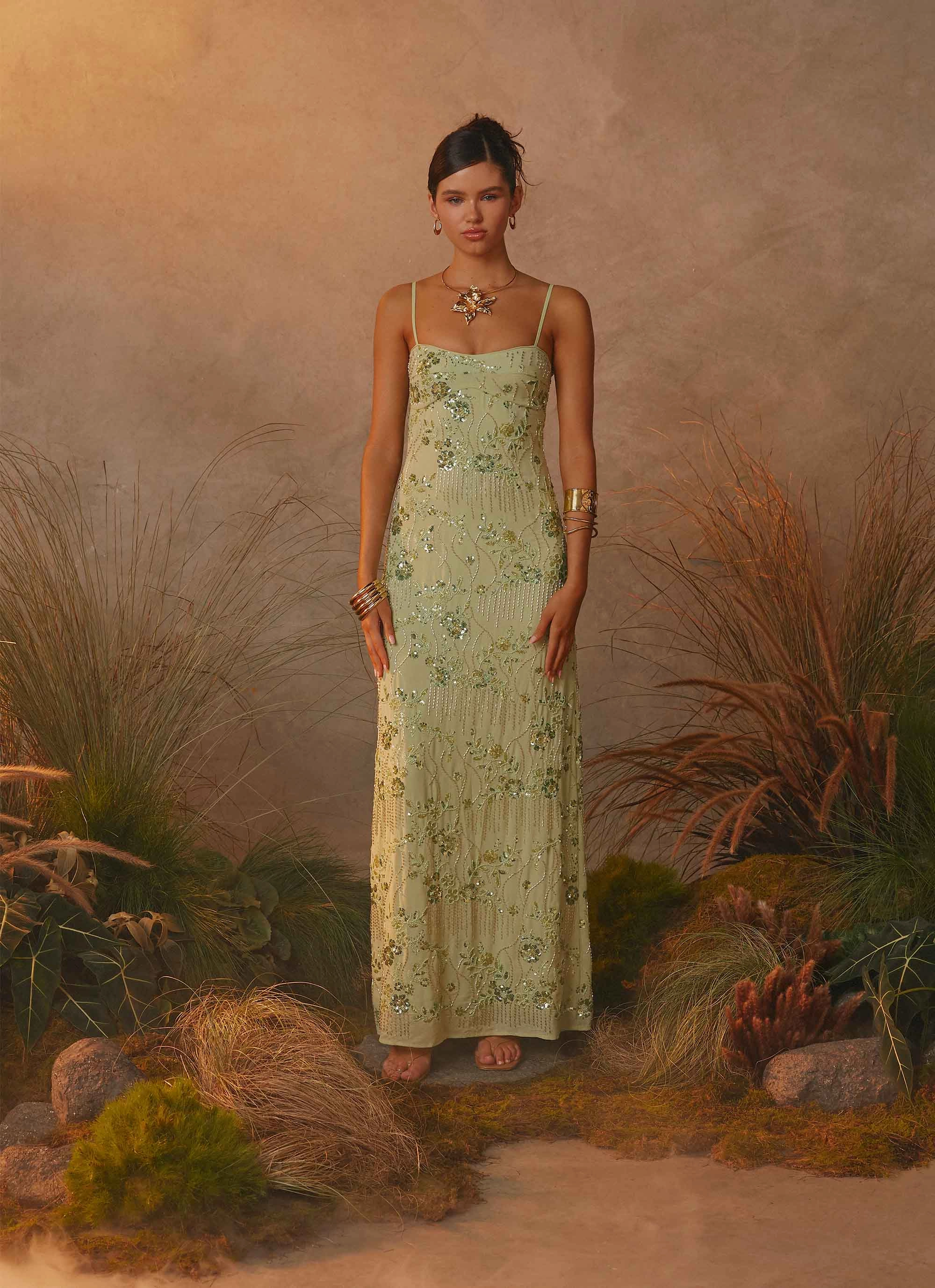 Soft fabric piece confident look Celandine Beaded Maxi Dress - Lime