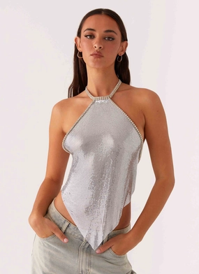 Breathable mesh panel Celebrate Halterneck Chainmail Top - Silver