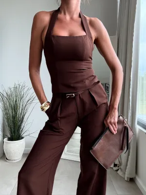 Soft Appearance Refined Line Celine Halter Top Chocolate brown