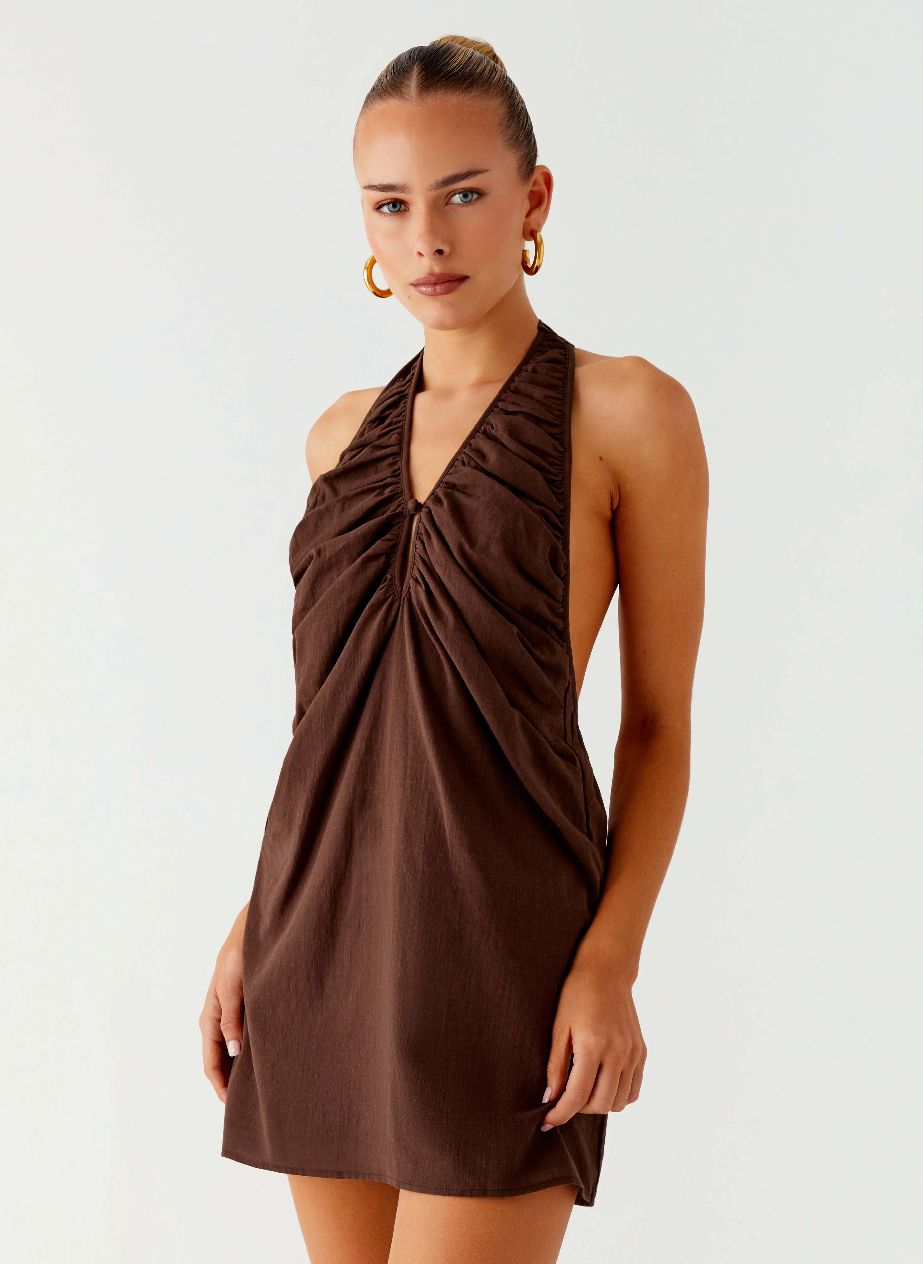 Zip Ease Jepsen Halter Mini Dress - Chocolate