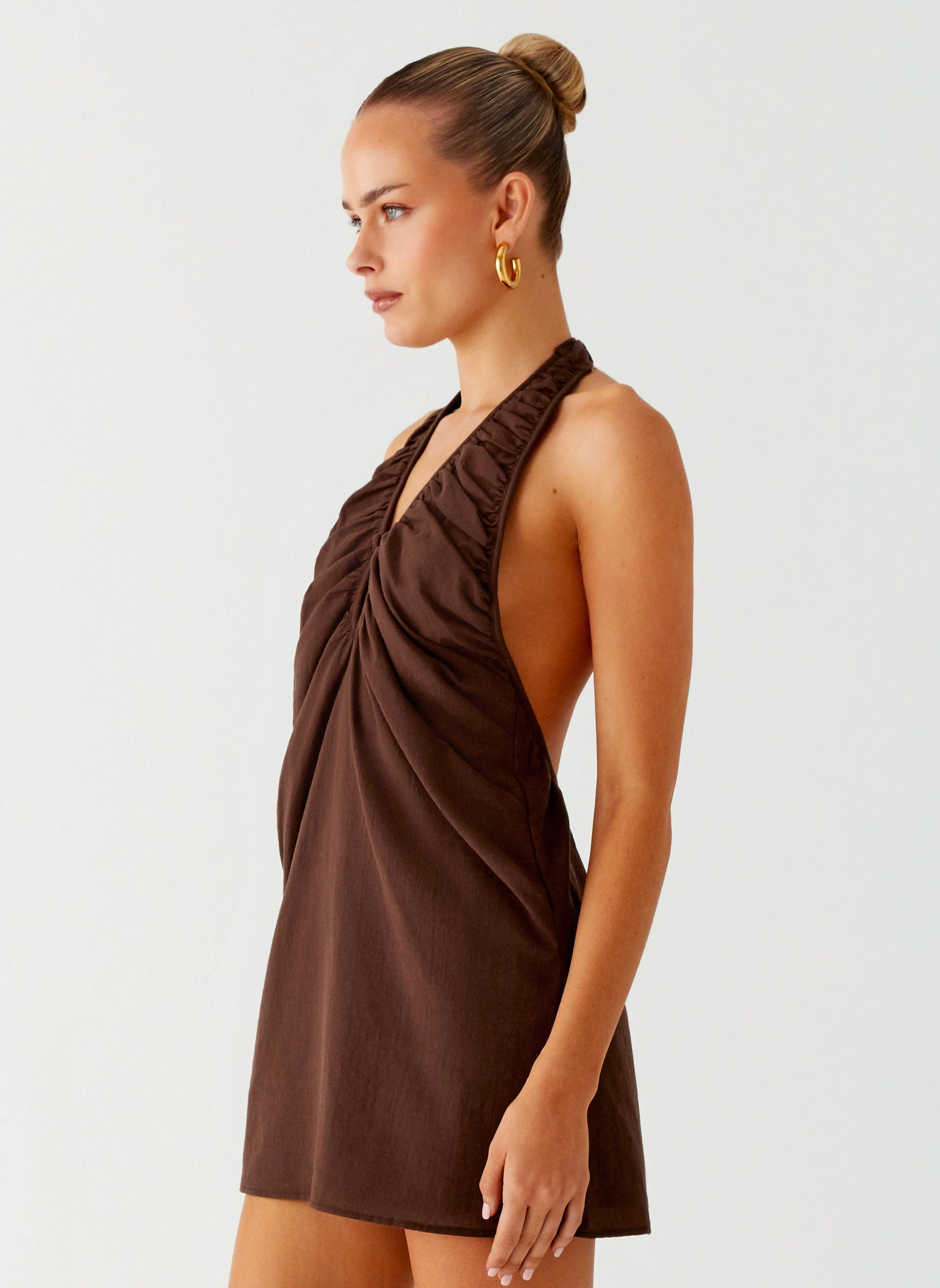 Jepsen Halter Mini Dress - Chocolate Fall Tone Square-Neck