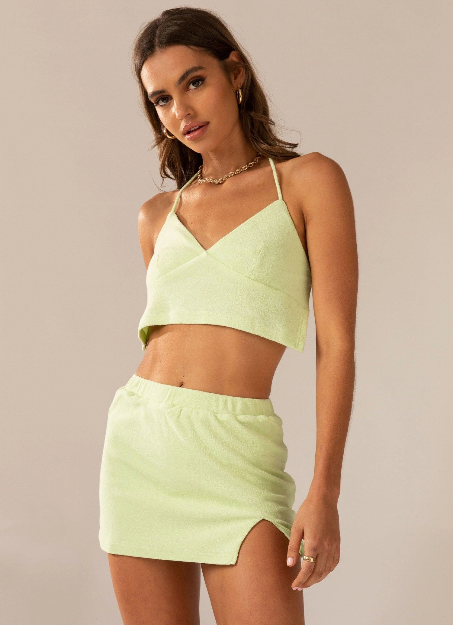 Changing Seasons Terry Mini Skirt - Lime Green Chill Vibe Clean Outfit