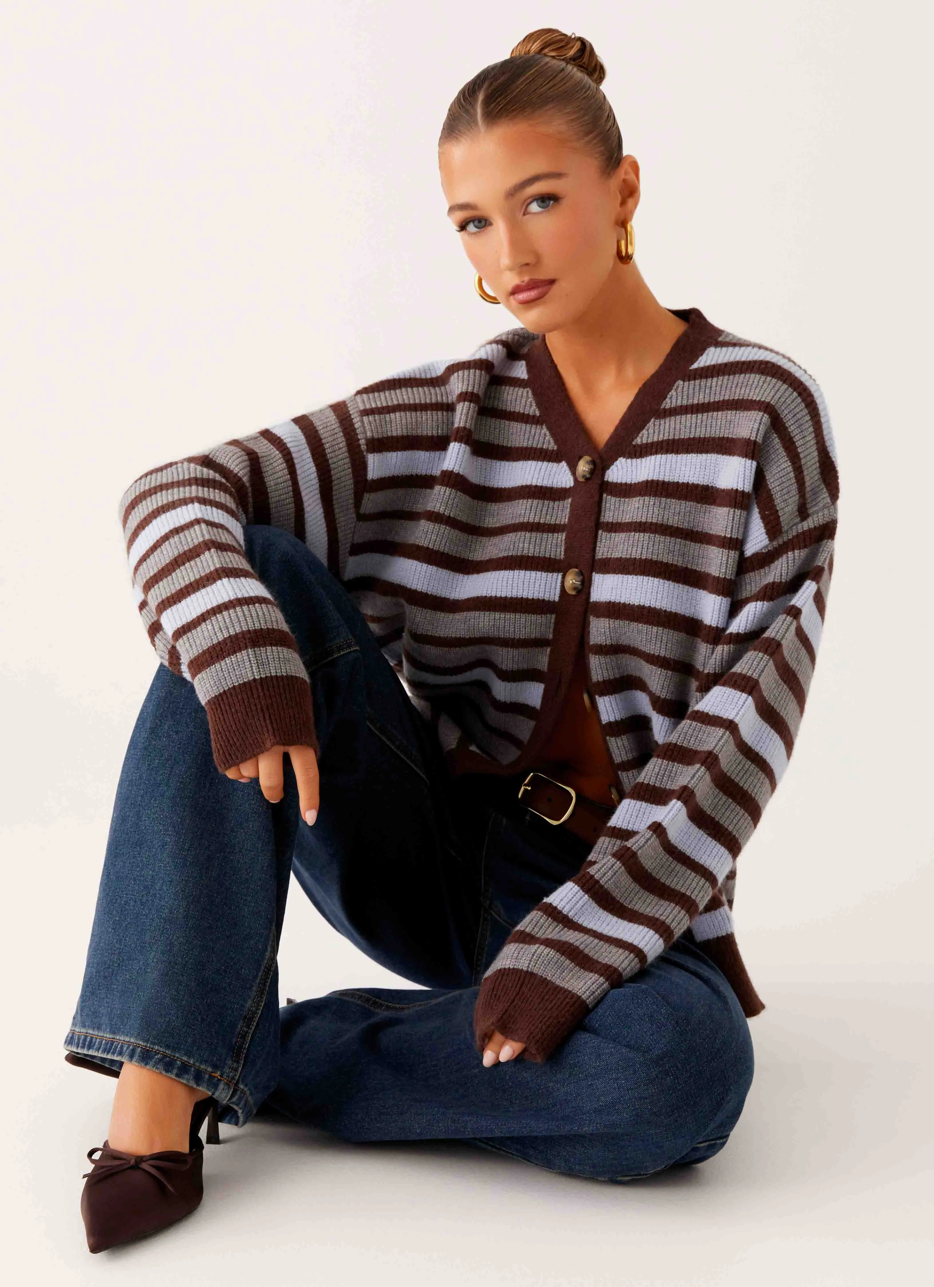 Charlie Oversized Cardigan - Tawny Stripe Interlock Knit ThermalLining