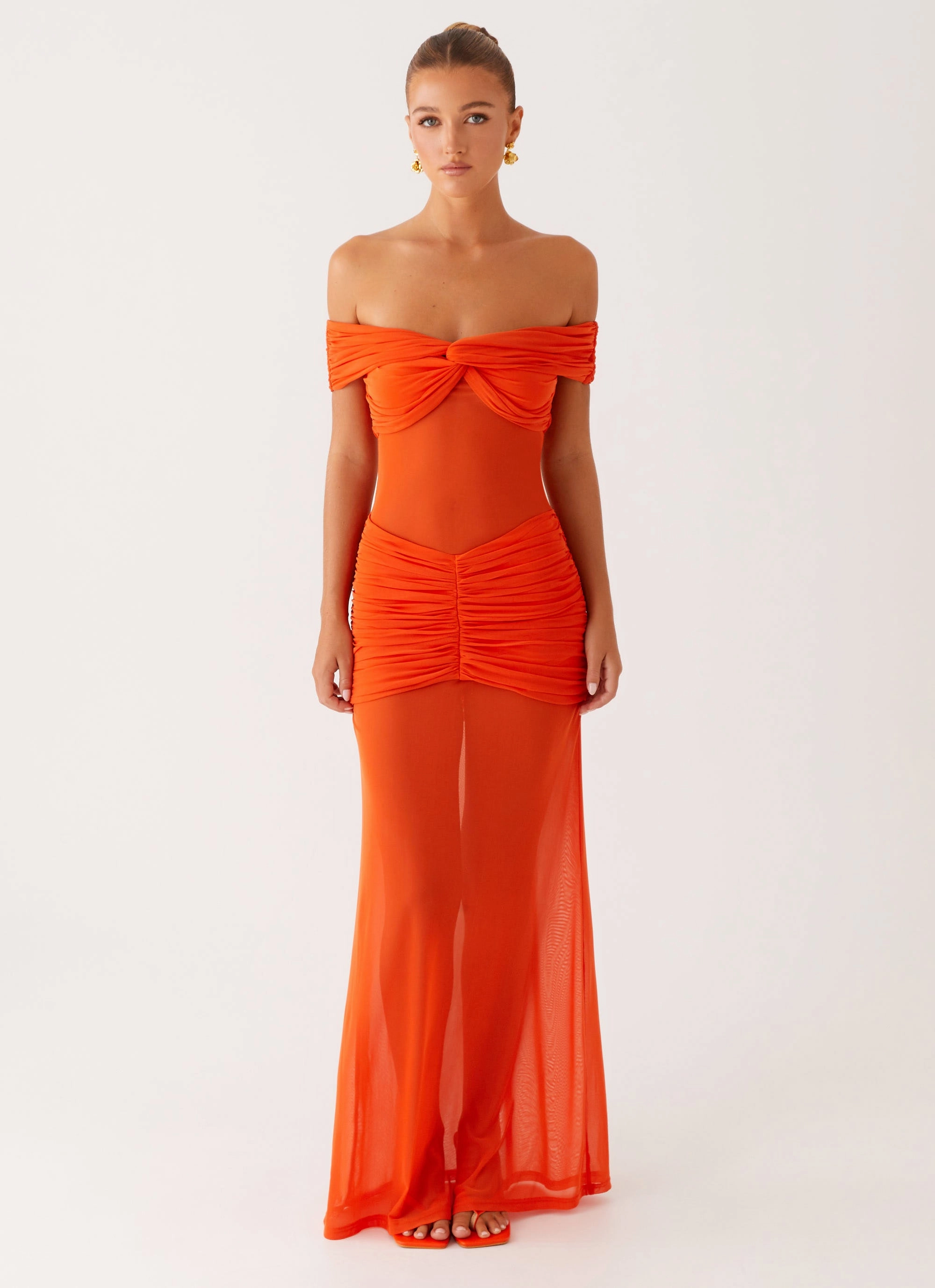 Asymmetrical hem Charming Off Shoulder Maxi Dress - Orange