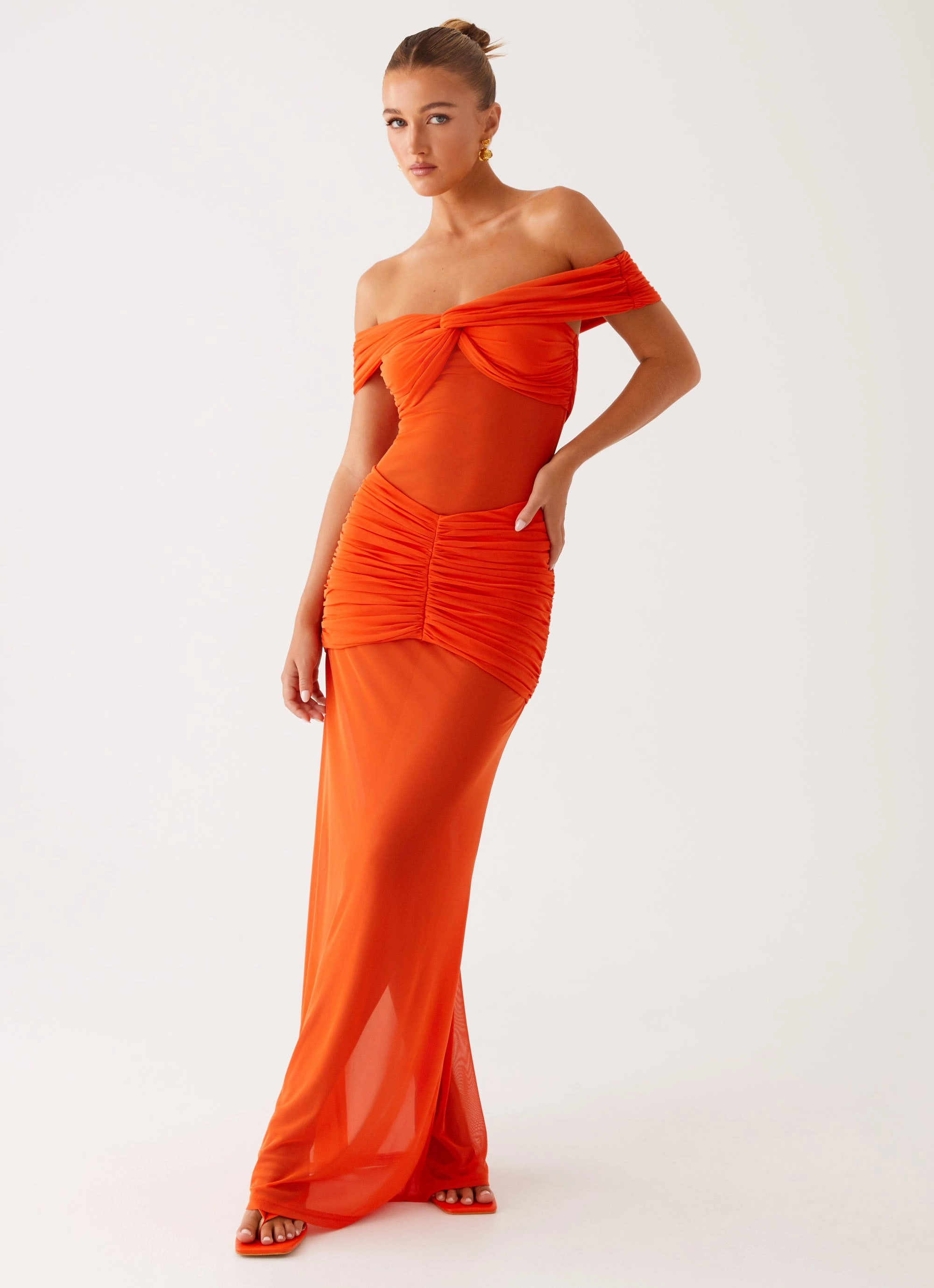 Charming Off Shoulder Maxi Dress - Orange Refined Finish