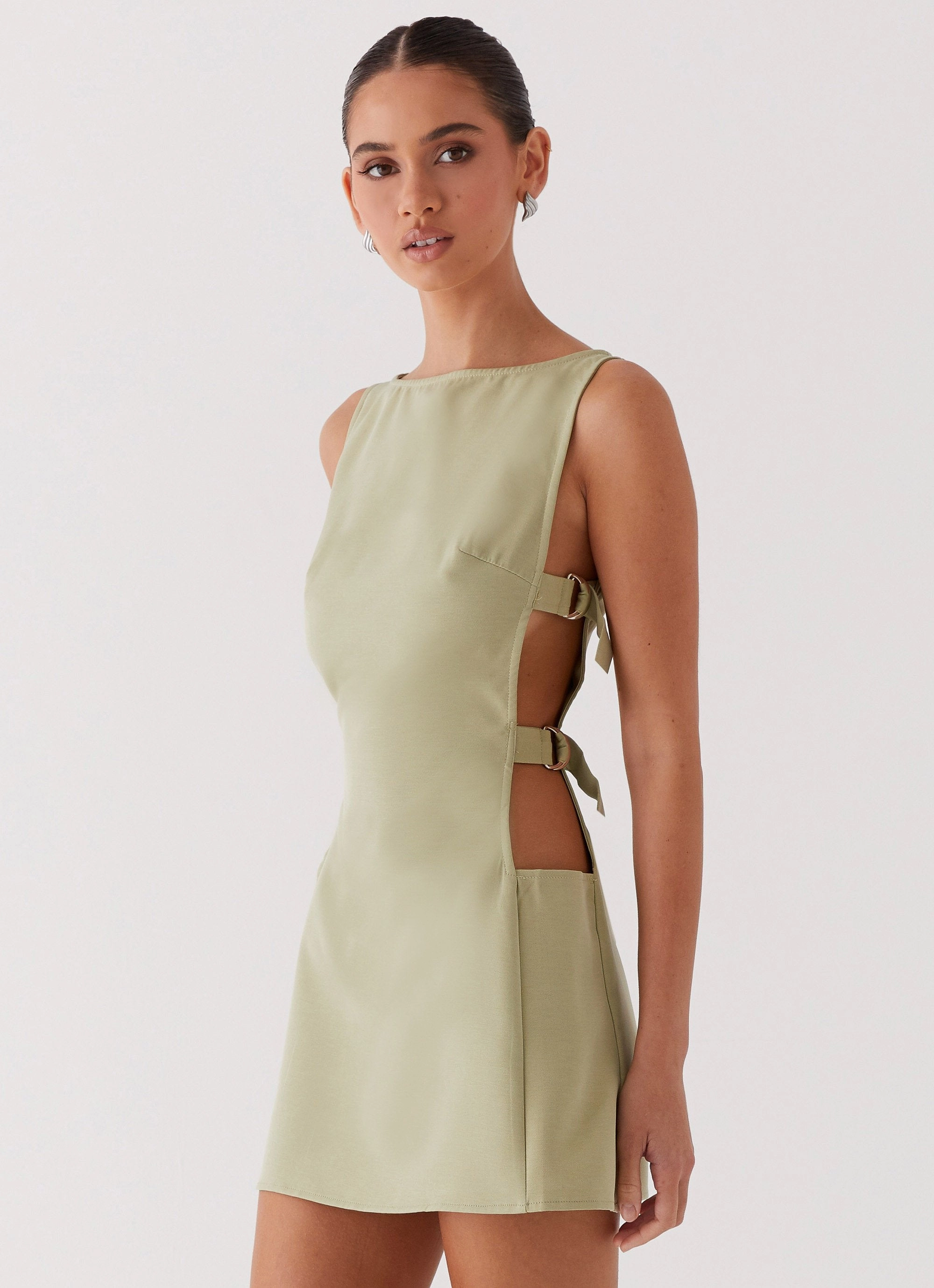 Velvet-Edge Linen Chic Cherish You Buckle Mini Dress - Olive